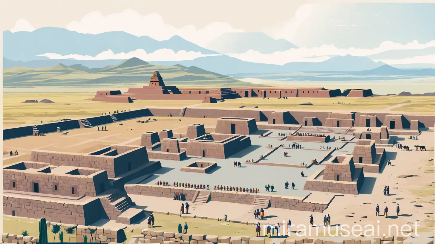 Mixed style of flat vector art, cartoon art and travel poster: recreation of the ancient city of Tiwanaku with Inca people.