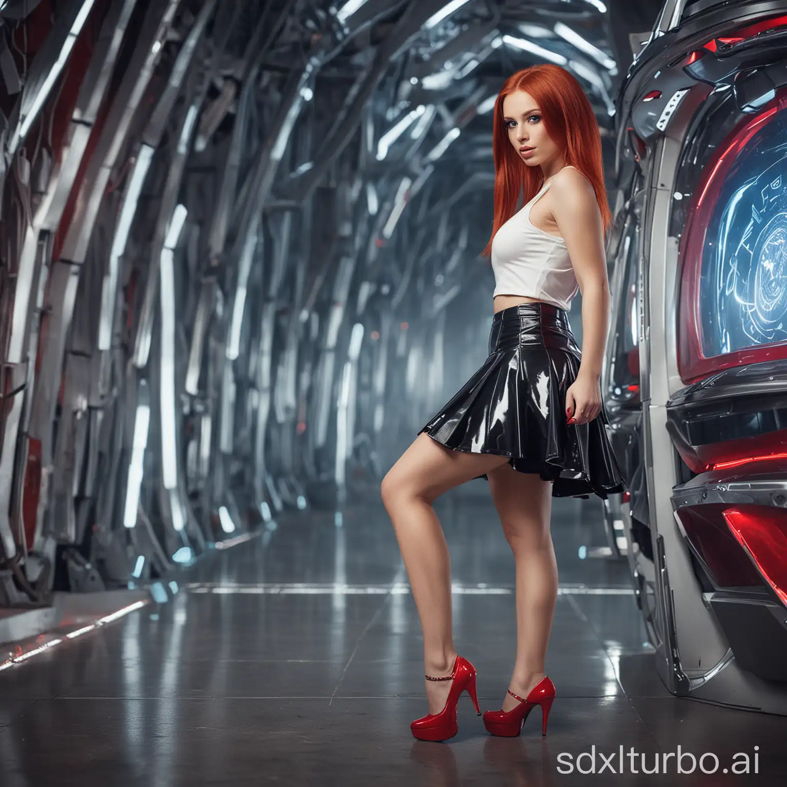 Caucasian woman with red hair wearing a miniskirt and high heels in futuristic setting