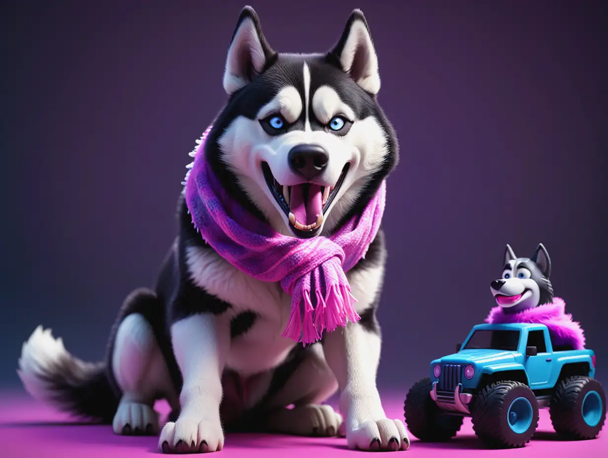 Majestic Black and White Husky Dog with Pink and Blue Scarf