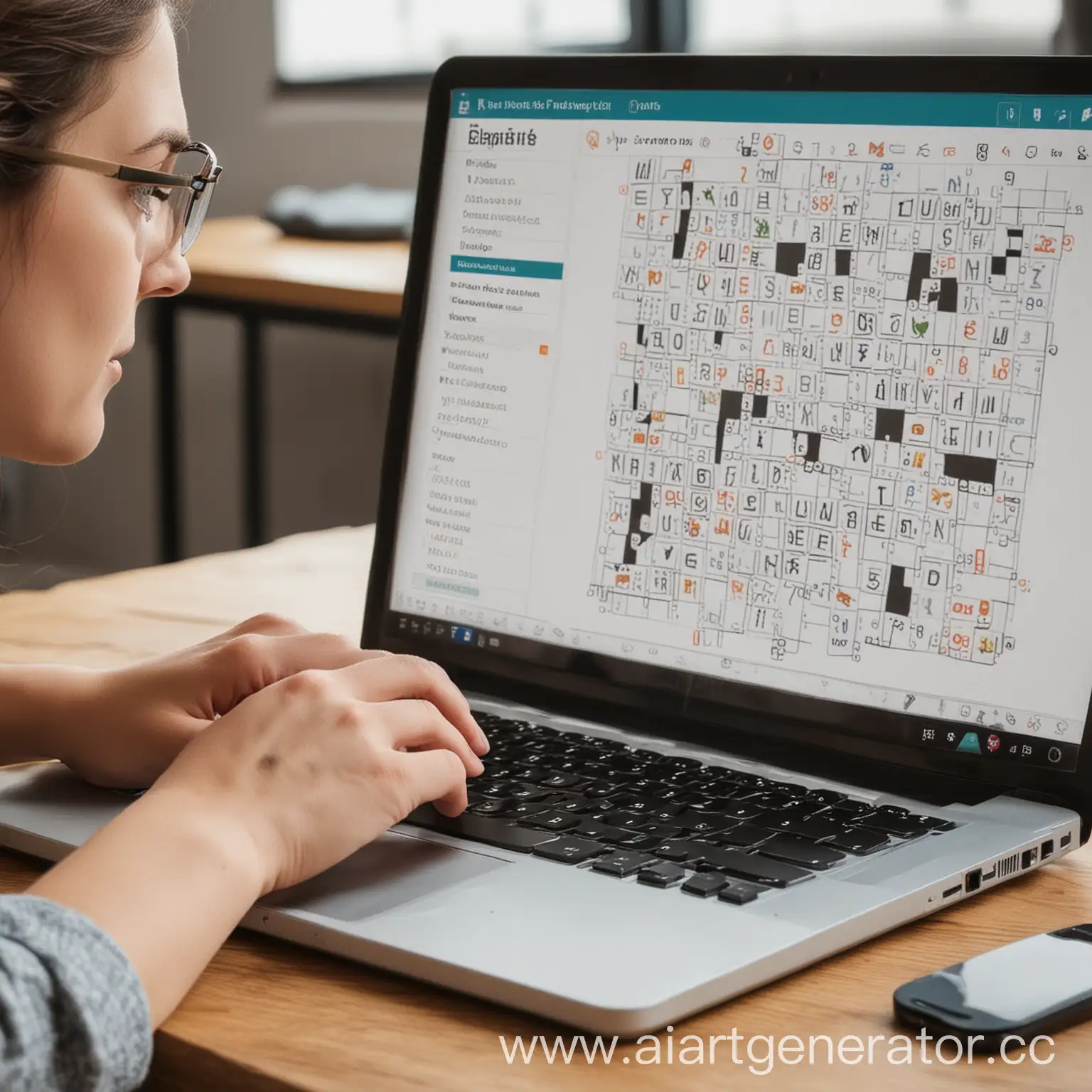 человек сидит за ноутбуком и создает ребусы викторины и кроссворды с помощью онлайн генераторов в интернете