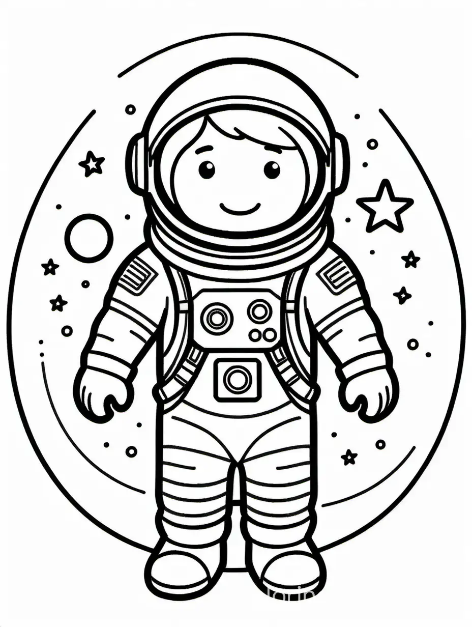 An astronaut, simple design, Coloring Page, black and white, line art, white background, Simplicity, Ample White Space. The background of the coloring page is plain white to make it easy for young children to color within the lines. The outlines of all the subjects are easy to distinguish, making it simple for kids to color without too much difficulty