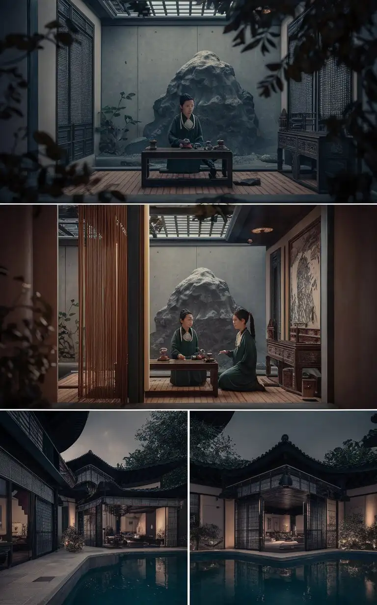 A girl, Tea ceremony, tea art exhibition,dressed in deep green downhill, with a booth, tea table, tea maker, stone mountain, leaves, complex and unimaginable backgrounds, perfect faces, a sense of reality, wide-angle lenses, Tea room, cement wall, ((Dark toned lighting)),bamboo curtain, depth of field, pool, interior design building,smooth panel, houzz, elegant interior, architectural abstract photos, residential design,beautiful rendering of the Tang Dynasty, dim toner light, deep chestnut res, extremely detailed, best quality, masterpiece, high resolution, Photorealism, corona, Realistic, 3ds max,laowang,
