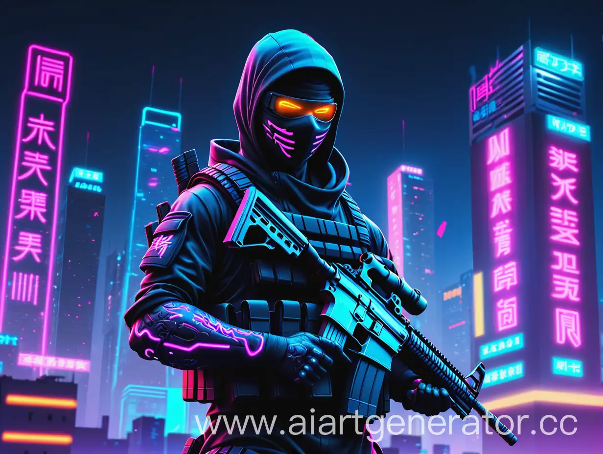 Cyber-Ninja-Holding-M4A1-in-Night-City-with-Neon-Signs