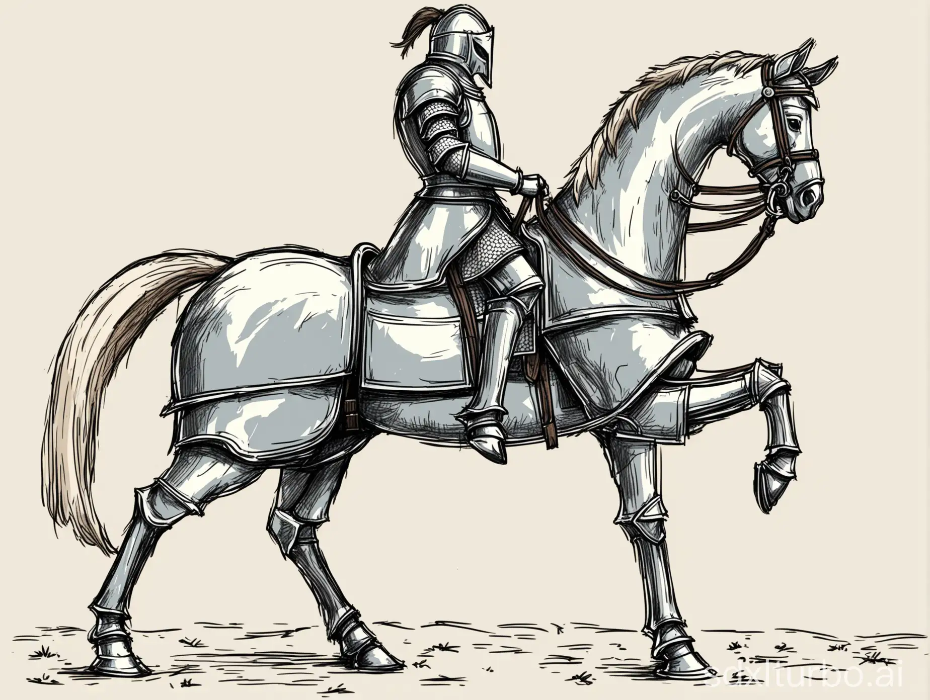нарисуй лошадь, которая стоит на земле с поднятой головой, в полный рост, боком. одно копыто поднято. стиль рисования - быстрый набросок добавь на лошадь рыцаря в доспехах, который держит поводья