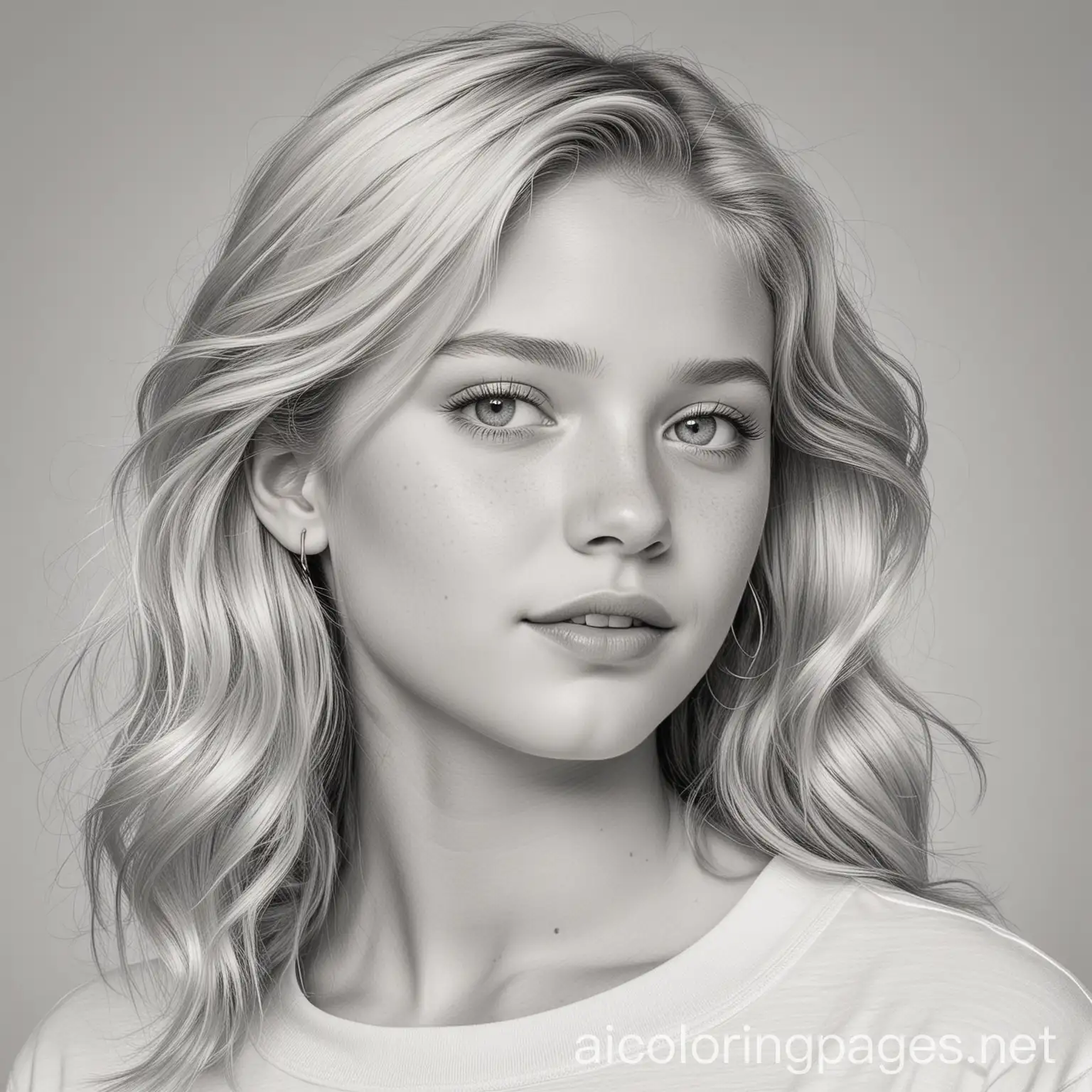 Fourteen year old girl in dark jean shorts and a tight short sleeve shirt with blonde hair and blue eyes with kind of wavy hair and gold hoop earrings side part hair down back tan skin, Coloring Page, black and white, line art, white background, Simplicity, Ample White Space.