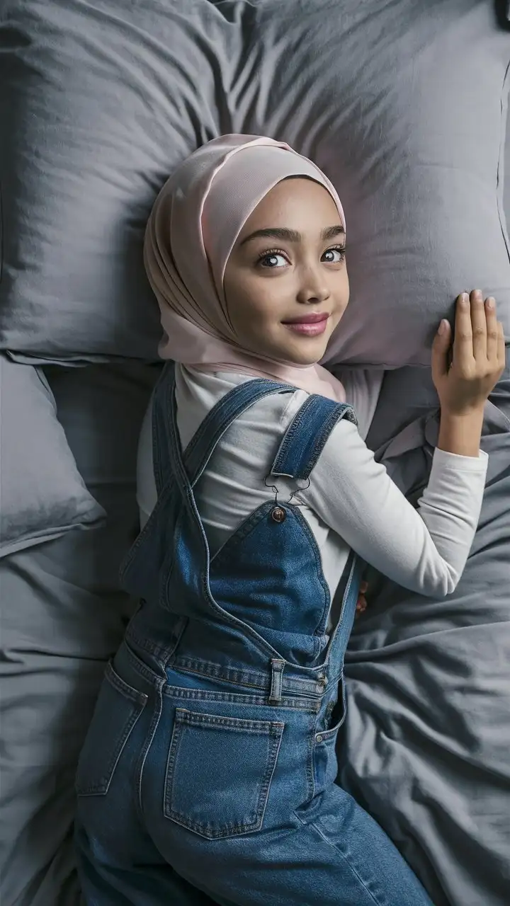 A innocent girl.  17 years old. She wears a hijab, jean overalls,
She is beautiful. She lie face down on the bed.
Side eye view, petite, plump lips.  Elegant, pretty, pink lips, plump body, looks up