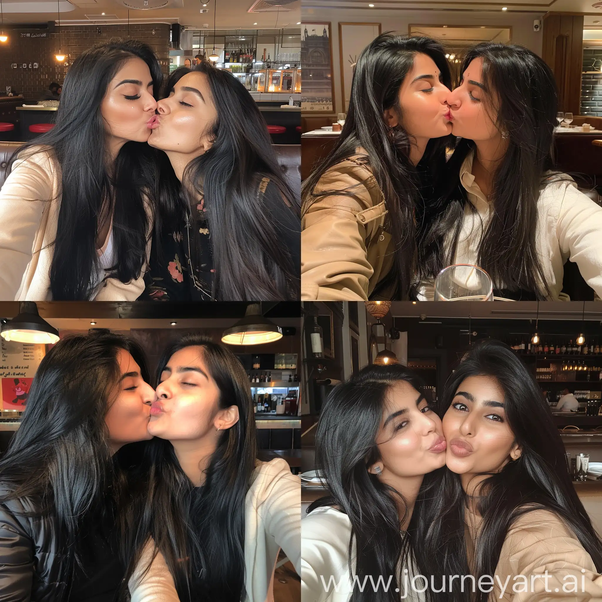 2 beautiful british Pakistani girls with long black hair taking selfie in restaurant, couple, kissing cheek --v 6