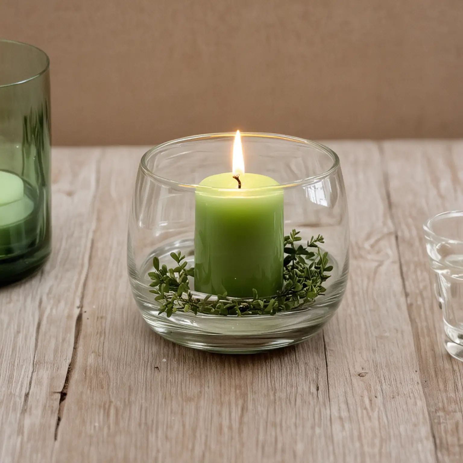 small and simple DIY elegant wedding centerpiece with a green candle