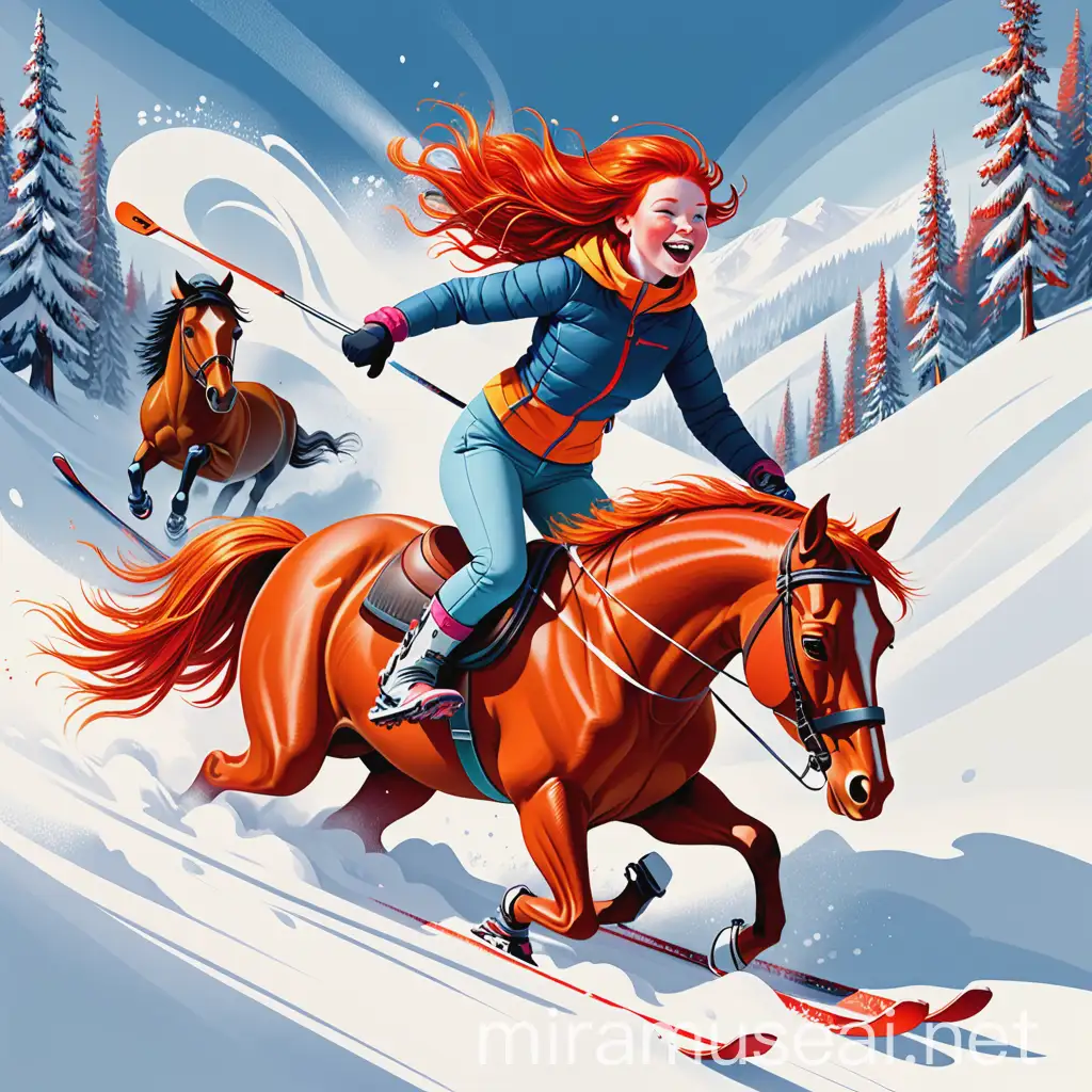A dynamic and colorful illustration featuring a spirited red-headed girl skiing down a snowy slope with a horse galloping alongside her in the background. Incorporate elements of motion and energy, with bright reds and oranges to reflect her fiery nature.