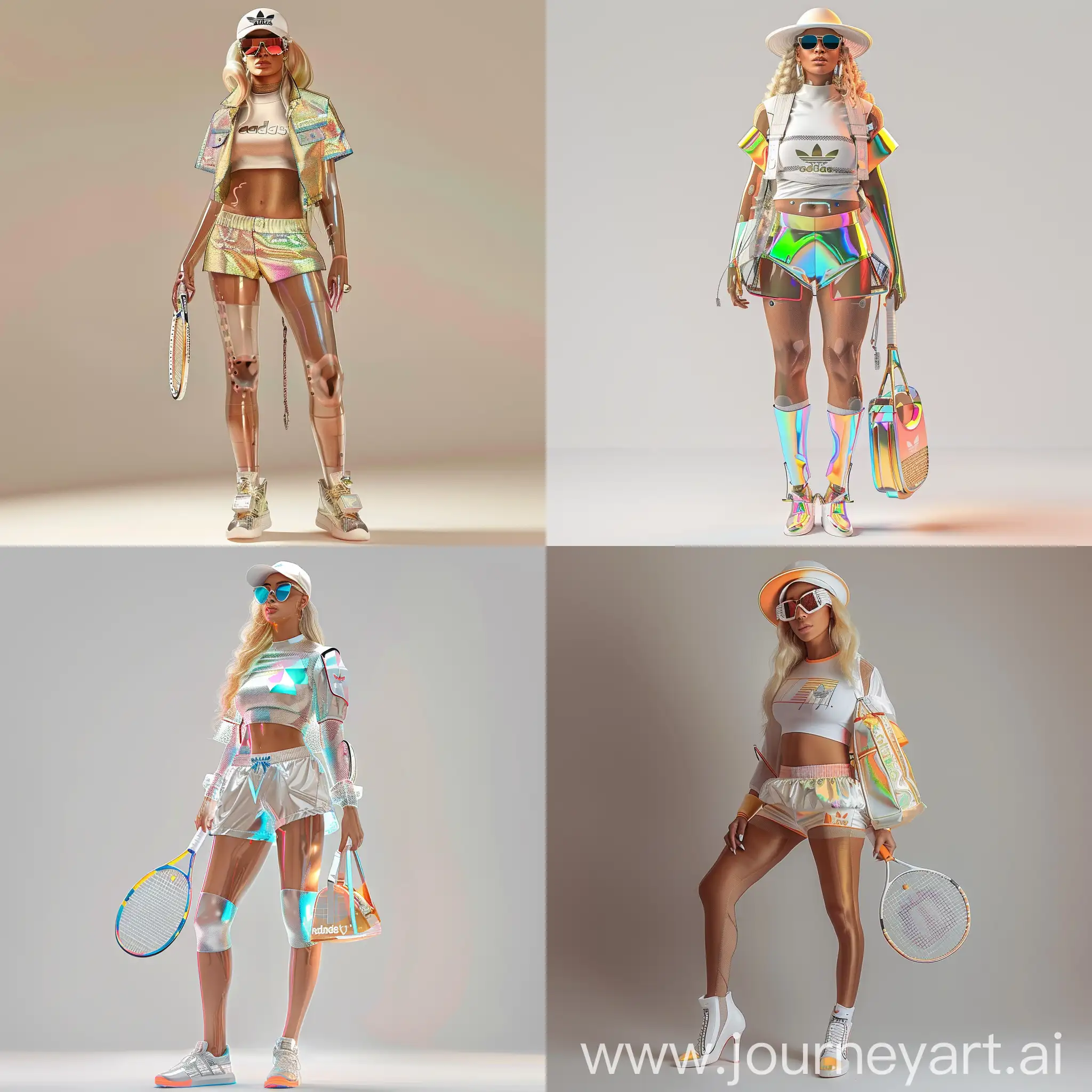  blonde fullbody woman in futuristic adidas outfit inspired in beyoncé style, the outfit includes tenis, hat, short, tshirt, bag, sunglass, high heels