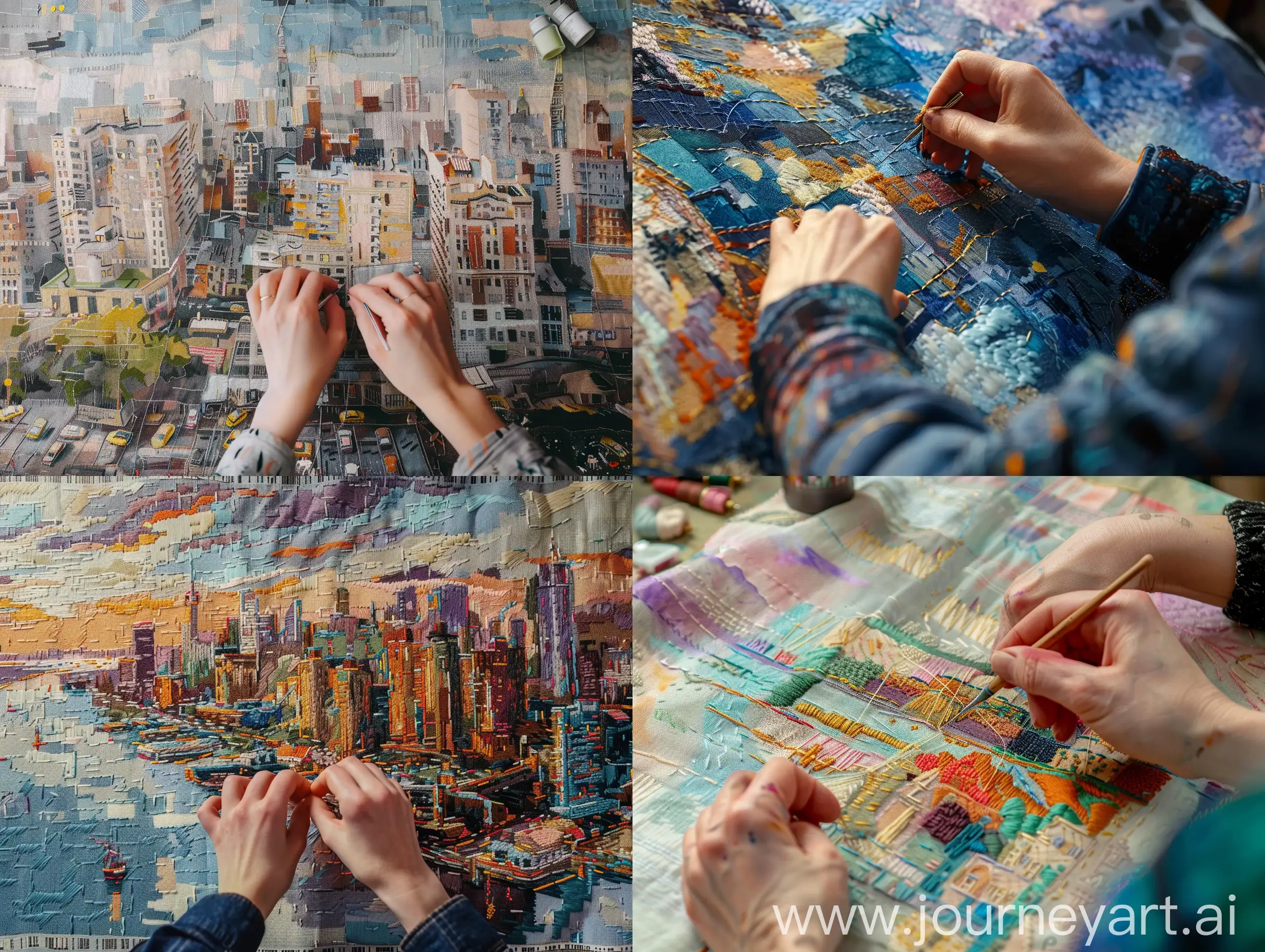 First-person view, hands embroider on the canvas a picture of the urban landscape in the form of a panorama, smooth movements