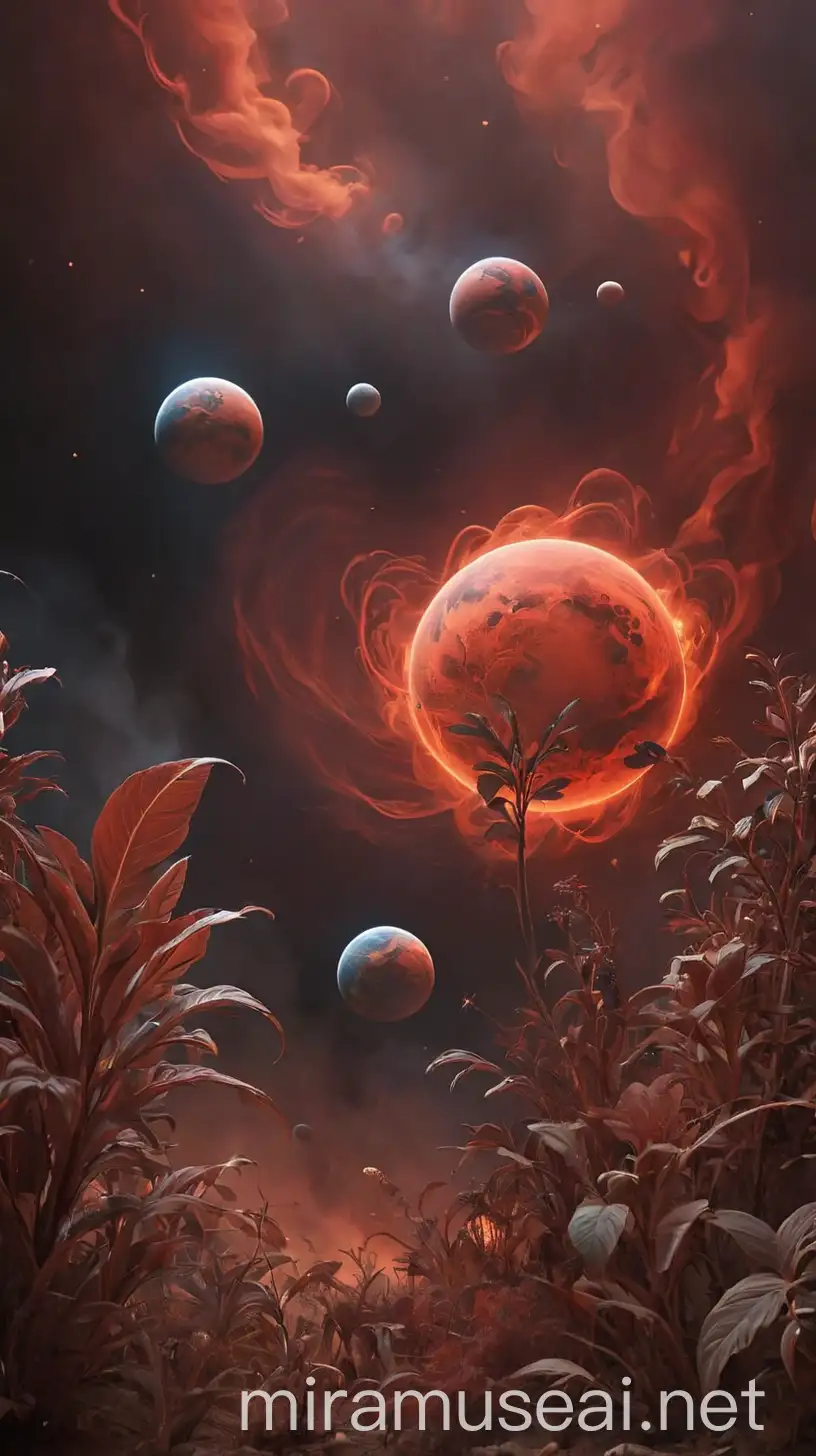 fascinating reality of planets moving that immediately catches ones attention. these plants are moving into each other causing a red smoky scene. this image has so be moving