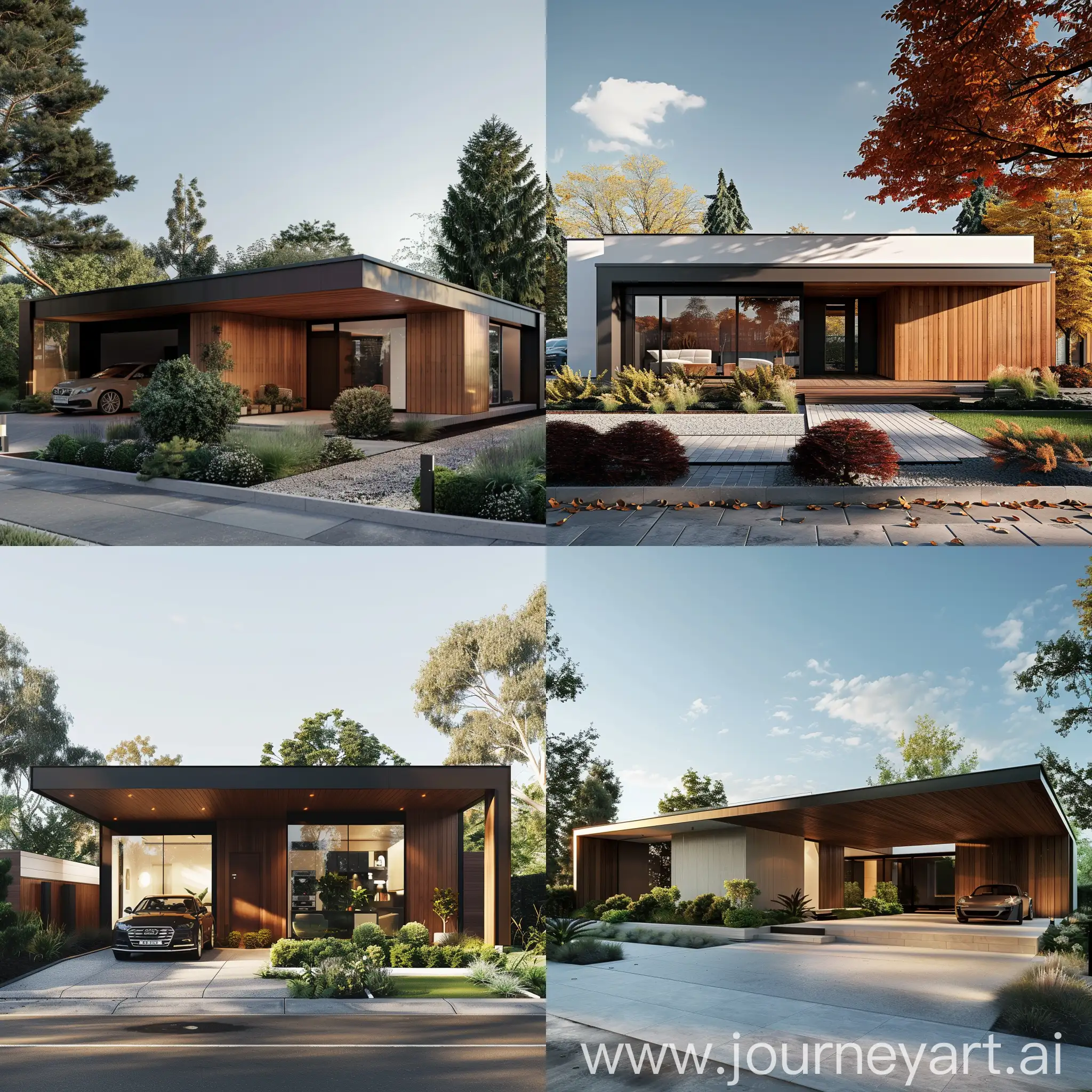  The image displays a modern single-story house with a flat roof and a covered garage. real 3d, realistic render, The house features a wooden exterior and a white interior.