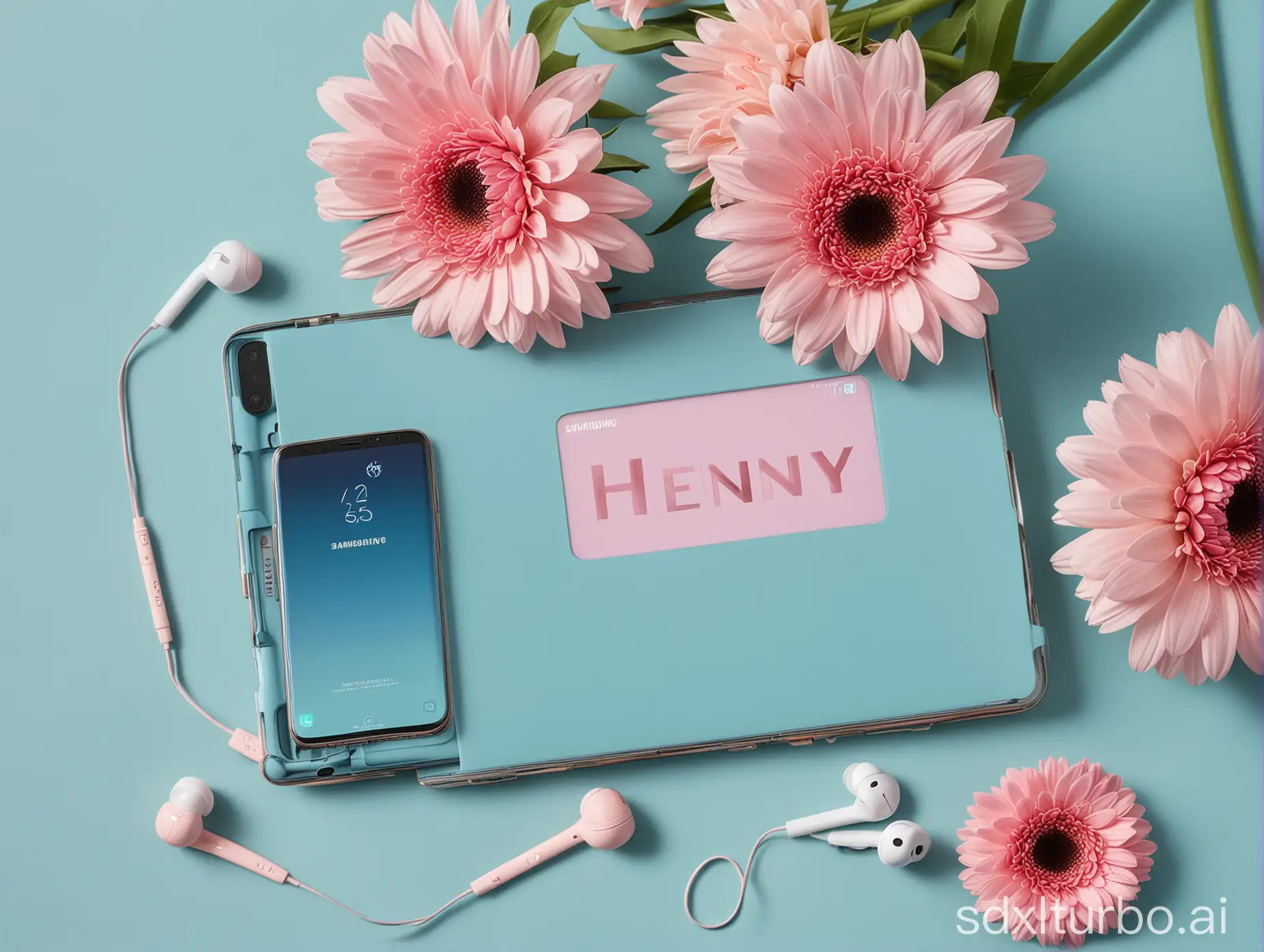 Tekst Henny op samsung laptop, samsung mobile phone, earbuds, palm, light pink gerberas, background blue aquablue