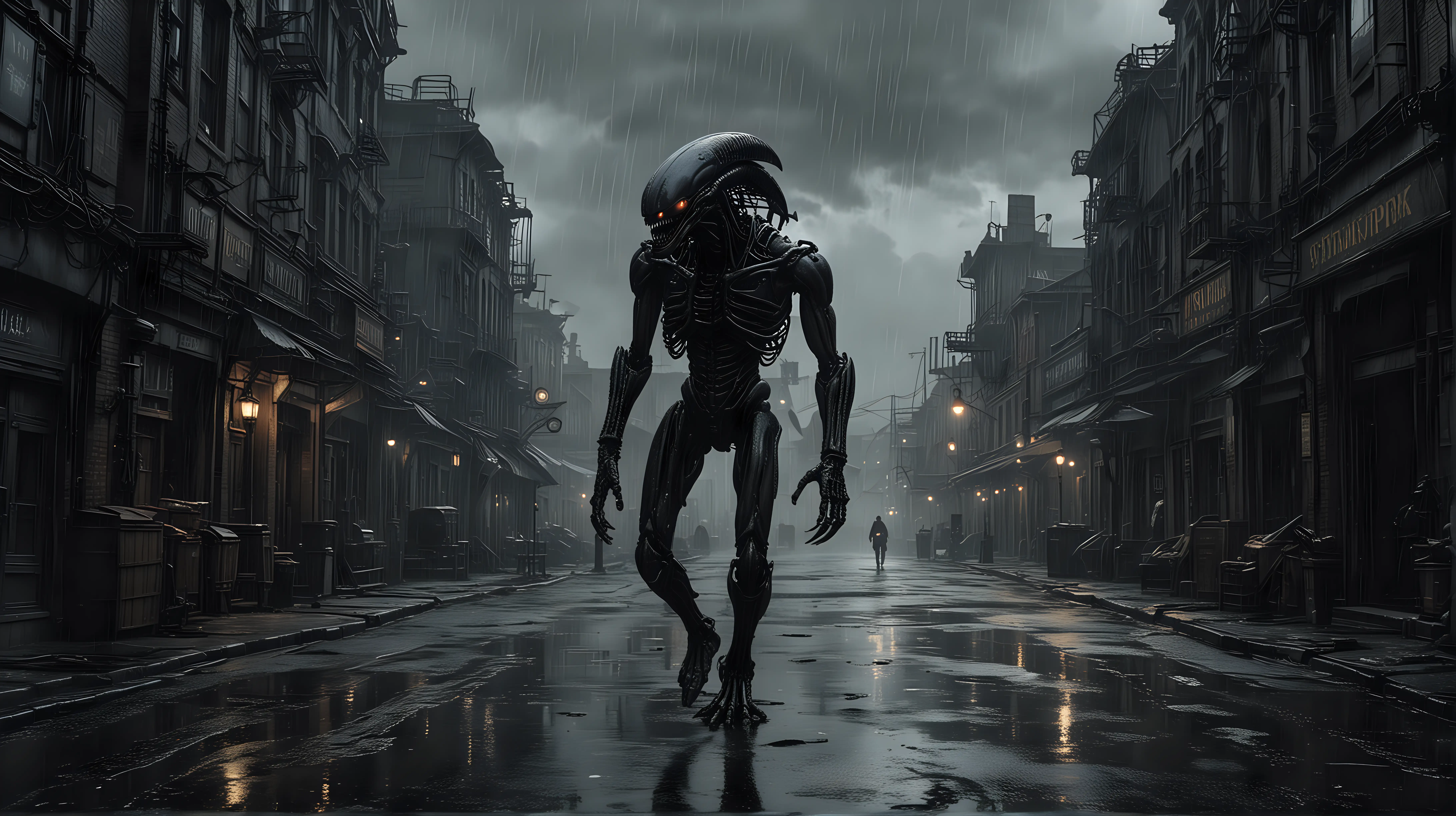 a xenomorph walks through the empty street of a steampunk city, dark, cloudy, heavy rain