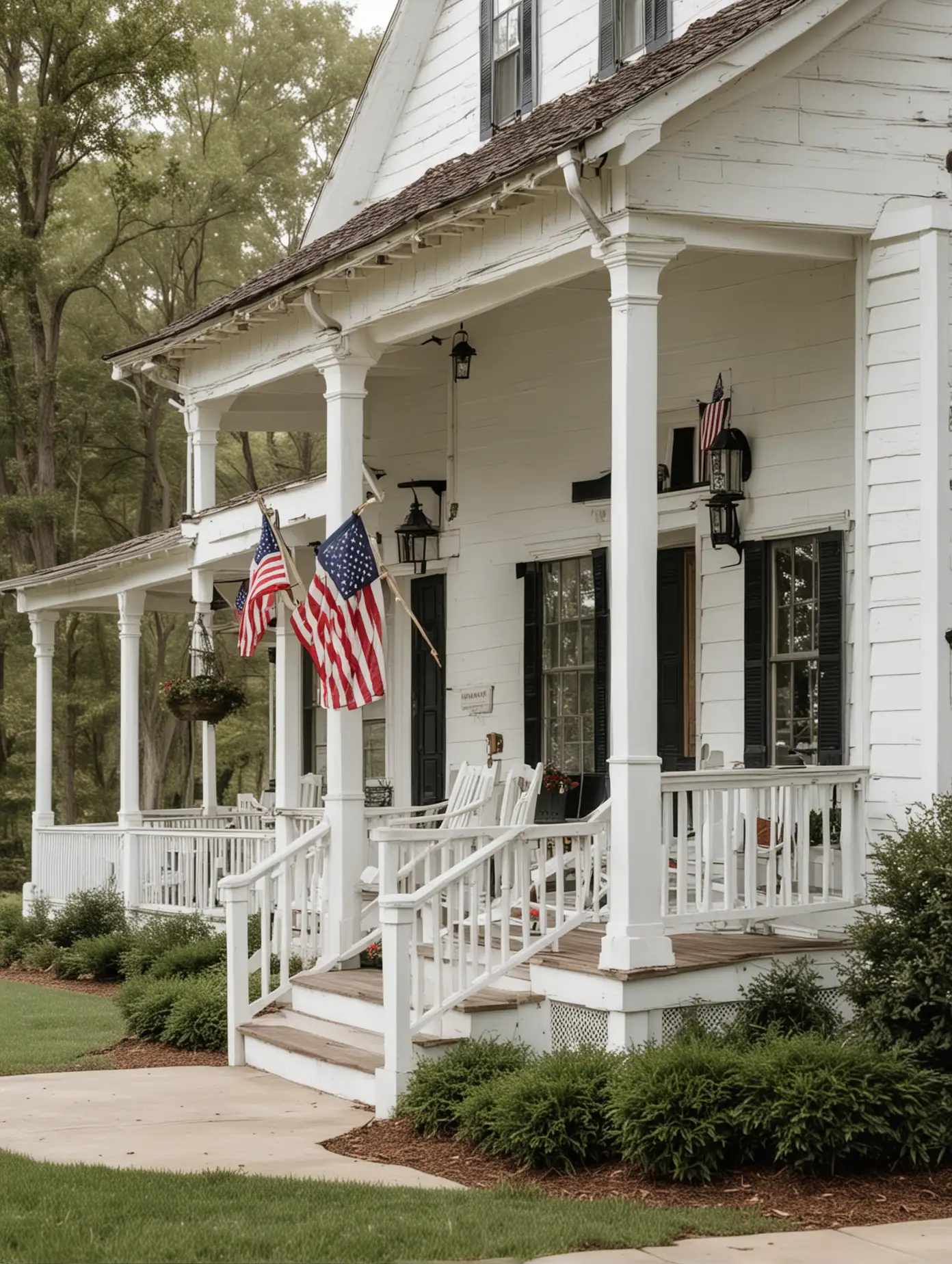 a white farmhouse  with rockers on the porch with the American flag on the porch railing