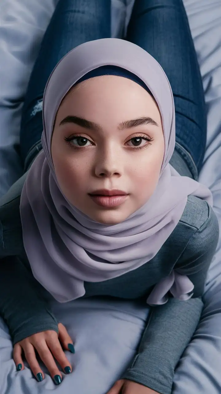 A little porcelain skin girl.  14years old. She wears a hijab, skinny tight jeans.
She is beautiful. She lie on the bed. well-groomed, turkish, quality face, plump lips, thin eyebrow. 
Bird's eye view, top view, cool face, nail polish.