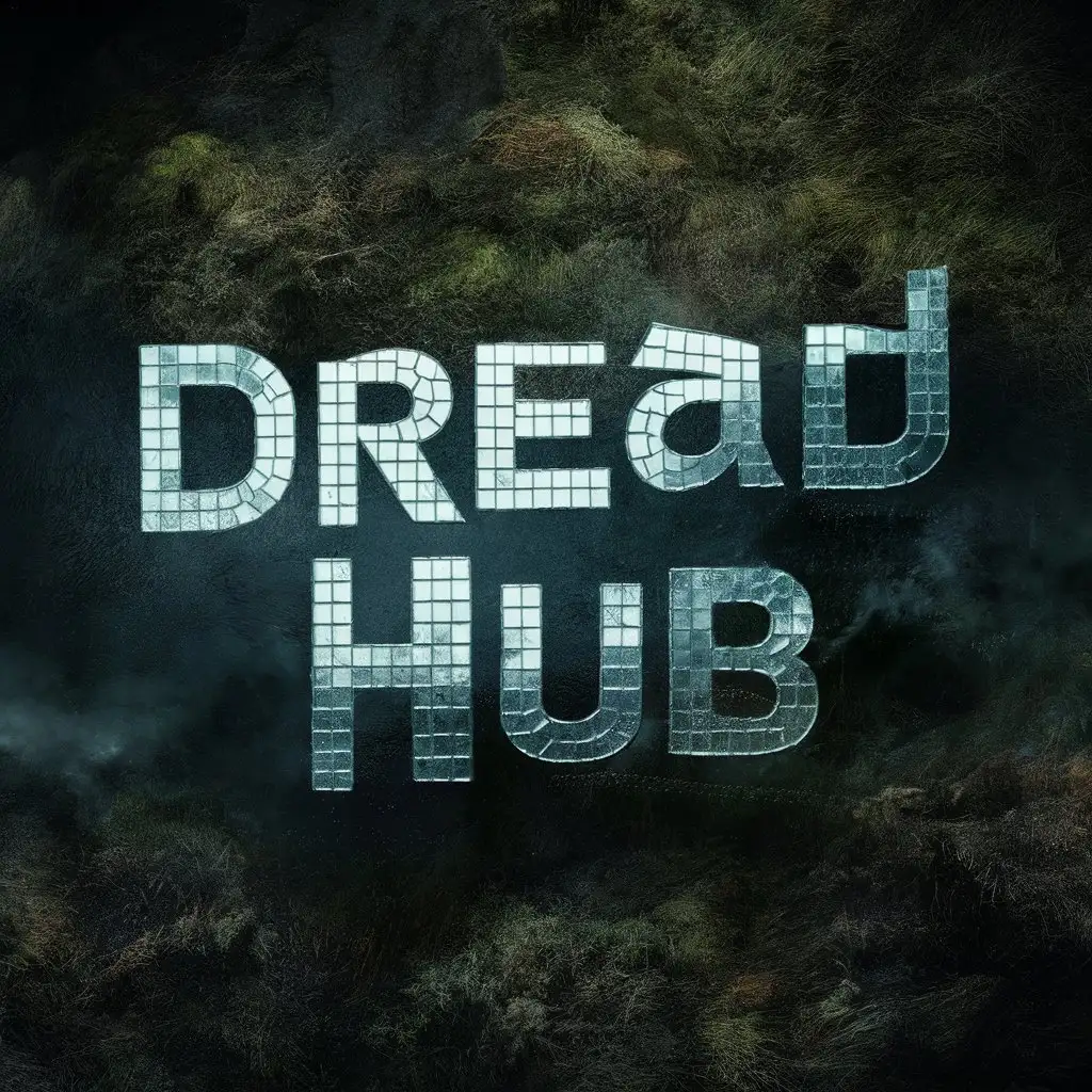 читабельная надпись "DREAD HUB", из зеркальной мозаики, на фоне темно-болотного мха.