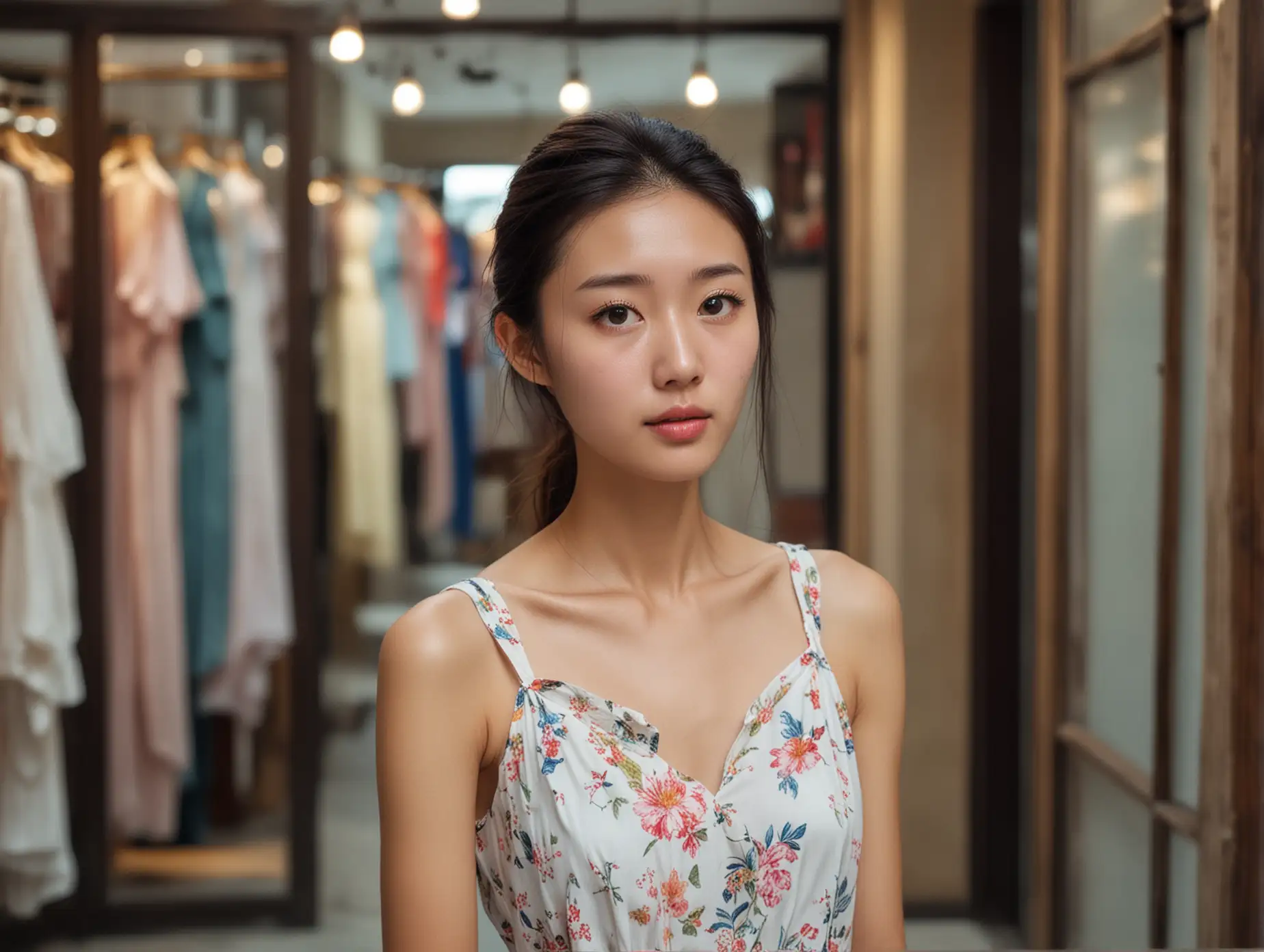 Face of a beautiful skinny sweet Chinese young woman in a summer dress in a boutique in Shanghai, blushing and staring up at the camera with a desperate pleading look