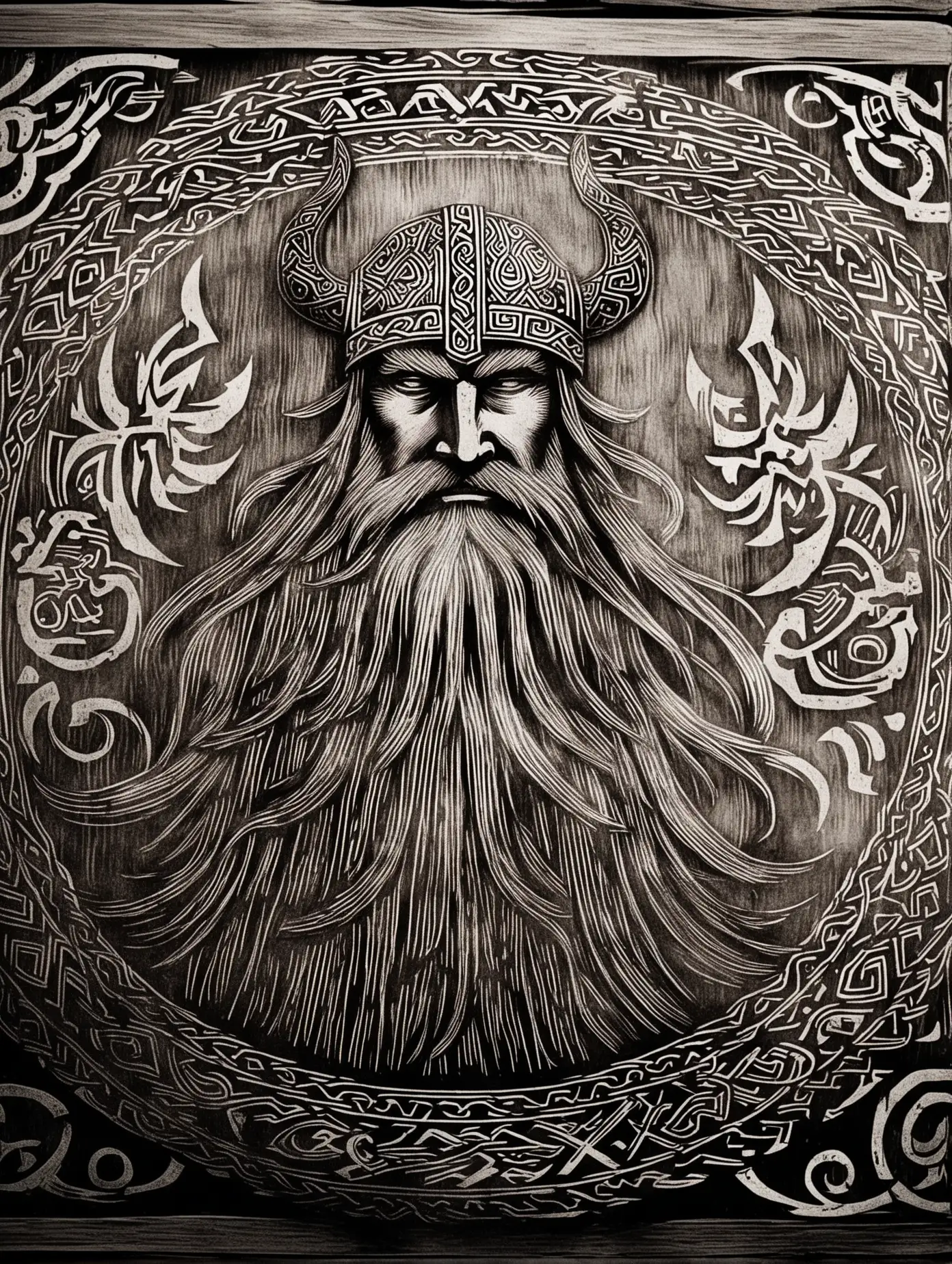 Ancient Viking Engraving Artwork Depicting Warrior in Battle