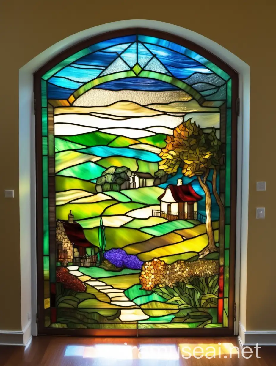витраж на двери в гостиной деревенский пейзаж, из цветного стекла тиффани