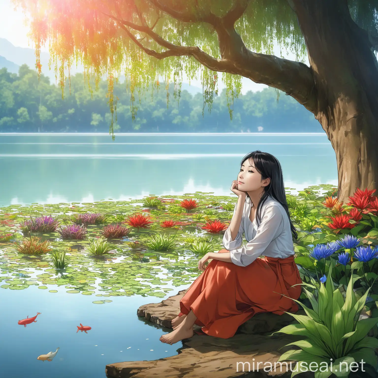 Asian Woman Daydreaming Under Tree by Colorful Lake