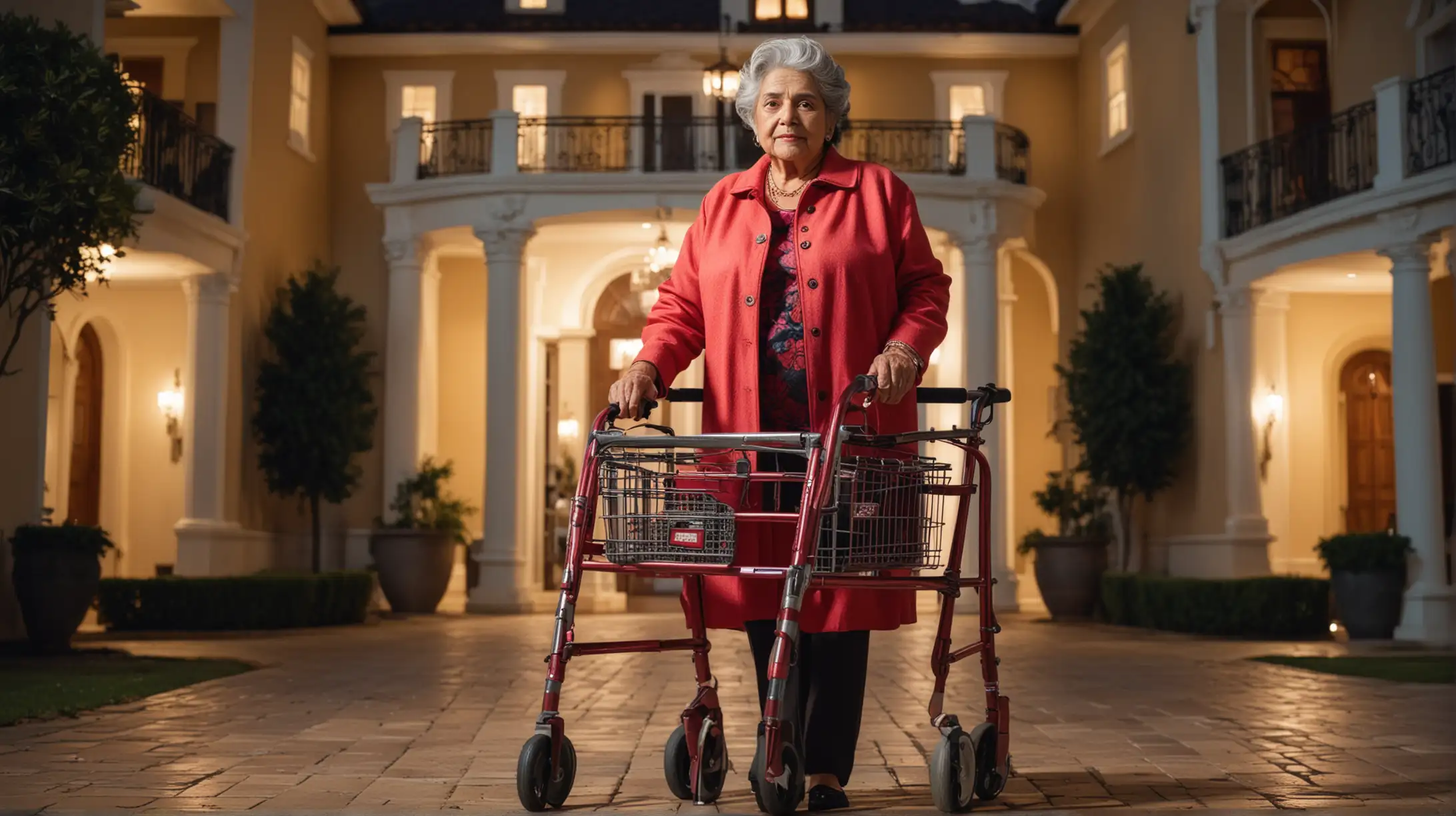 a confident elderly wealthy hispanic woman standing with a walker in front of her giant luxurious mansion, vibrant colors, dramatic lighting
