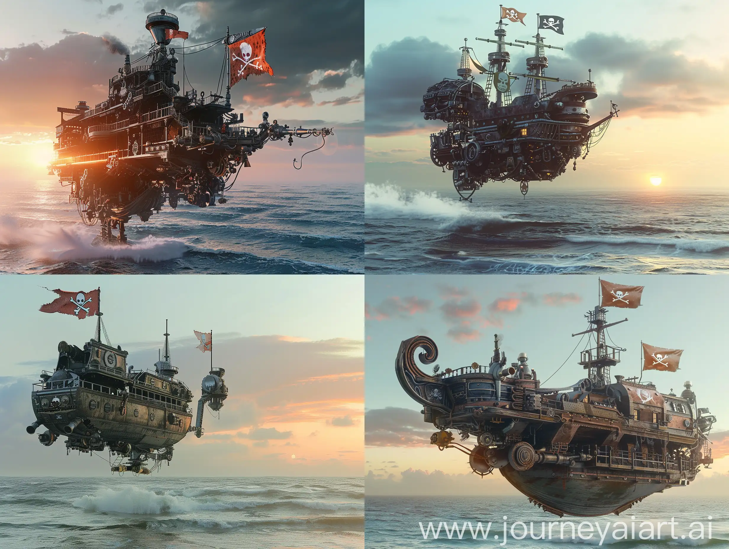 уплывающий механизированный корабль с пиратским флагом, буйный океан, ясная и облачная погода, слабый закат солнца вдали