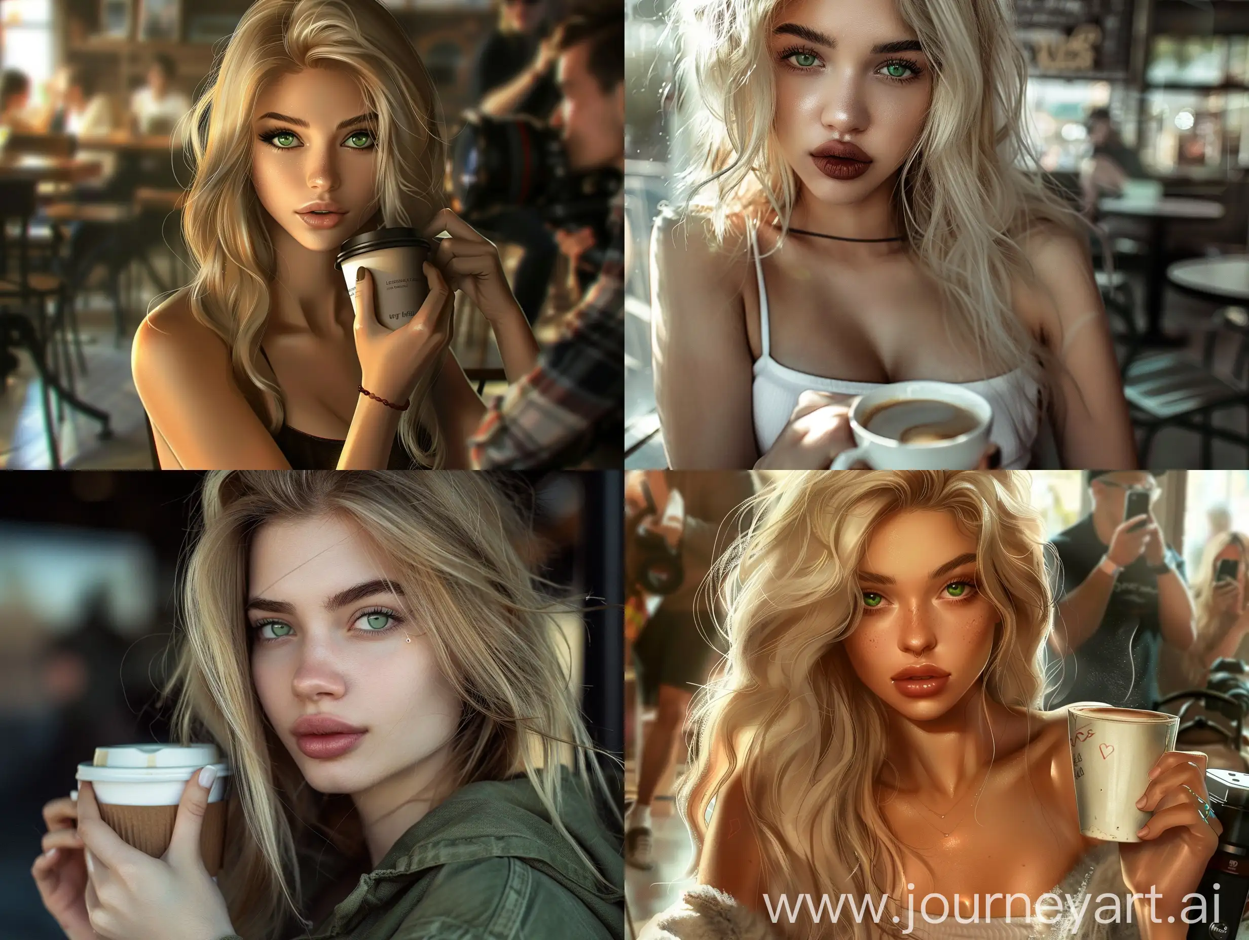 A very beautiful, slim girl with blond hair and green eyes who meets the beauty standards is being photographed by the paparazzi while sitting alone in the cafe with coffee in her hand.