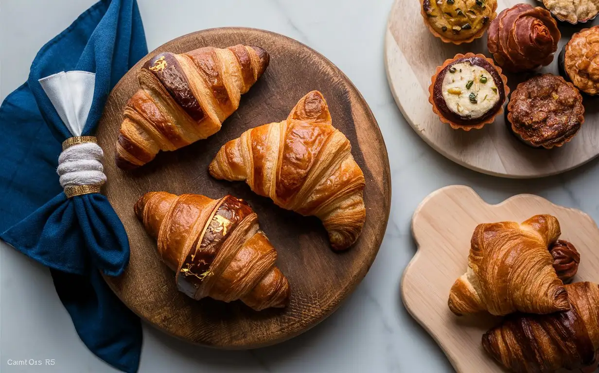 top view of three golden brown croissants on an old wooden board, blue fabric serving napkin in white cell / some on the side and one in front with gold accents, next to it is another platter full of other French pastries such as tarts or charcuterie board items, Scandinavian style light wooden, food photography, high resolution, high detail, Canon EOS R5