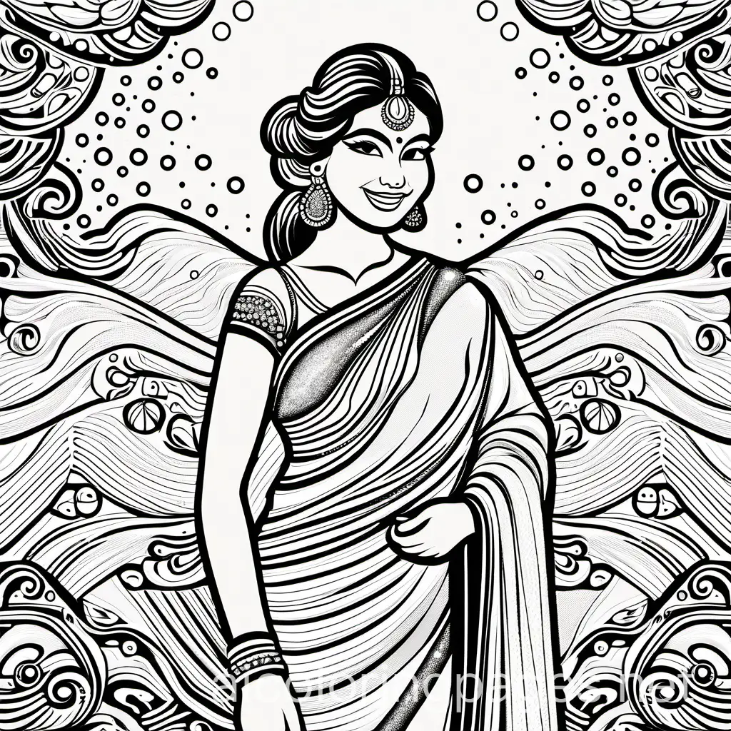  woman dressed in a sparkling sequin sari!  Design a background full of bright lights and a cheering audience., Coloring Page, black and white, line art, white background, Simplicity, Ample White Space. The background of the coloring page is plain white to make it easy for young children to color within the lines. The outlines of all the subjects are easy to distinguish, making it simple for kids to color without too much difficulty