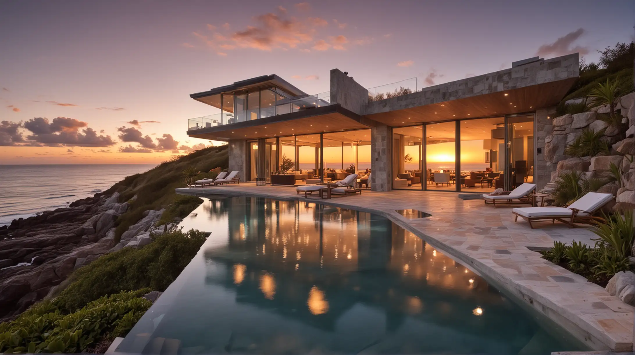 I would like to get a picture of an ocean front contemporary vacation home with an infinity pool and stunning outside living area at sunset. 
