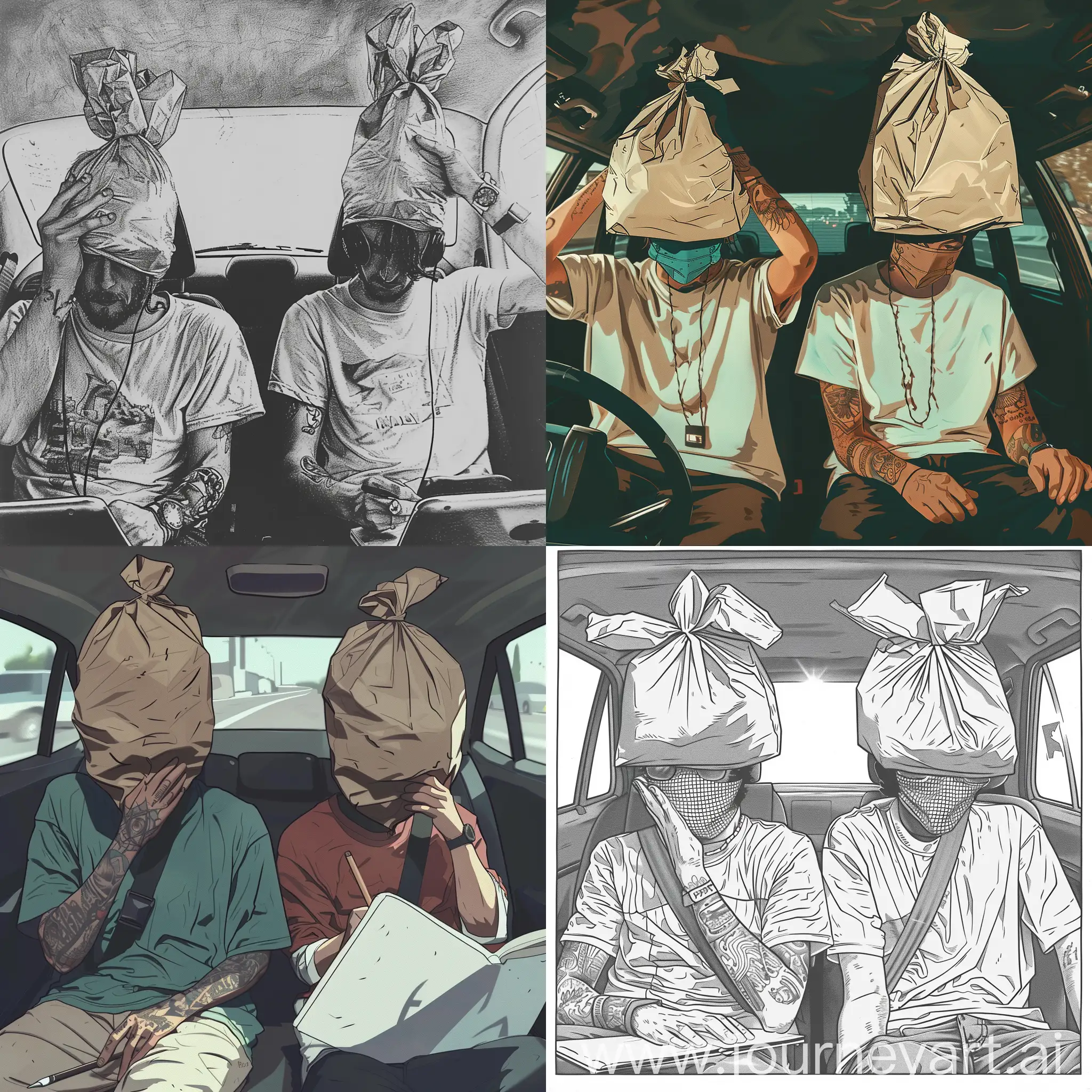Two-Musicians-Writing-Music-in-Car-with-Drawn-Style-Bags