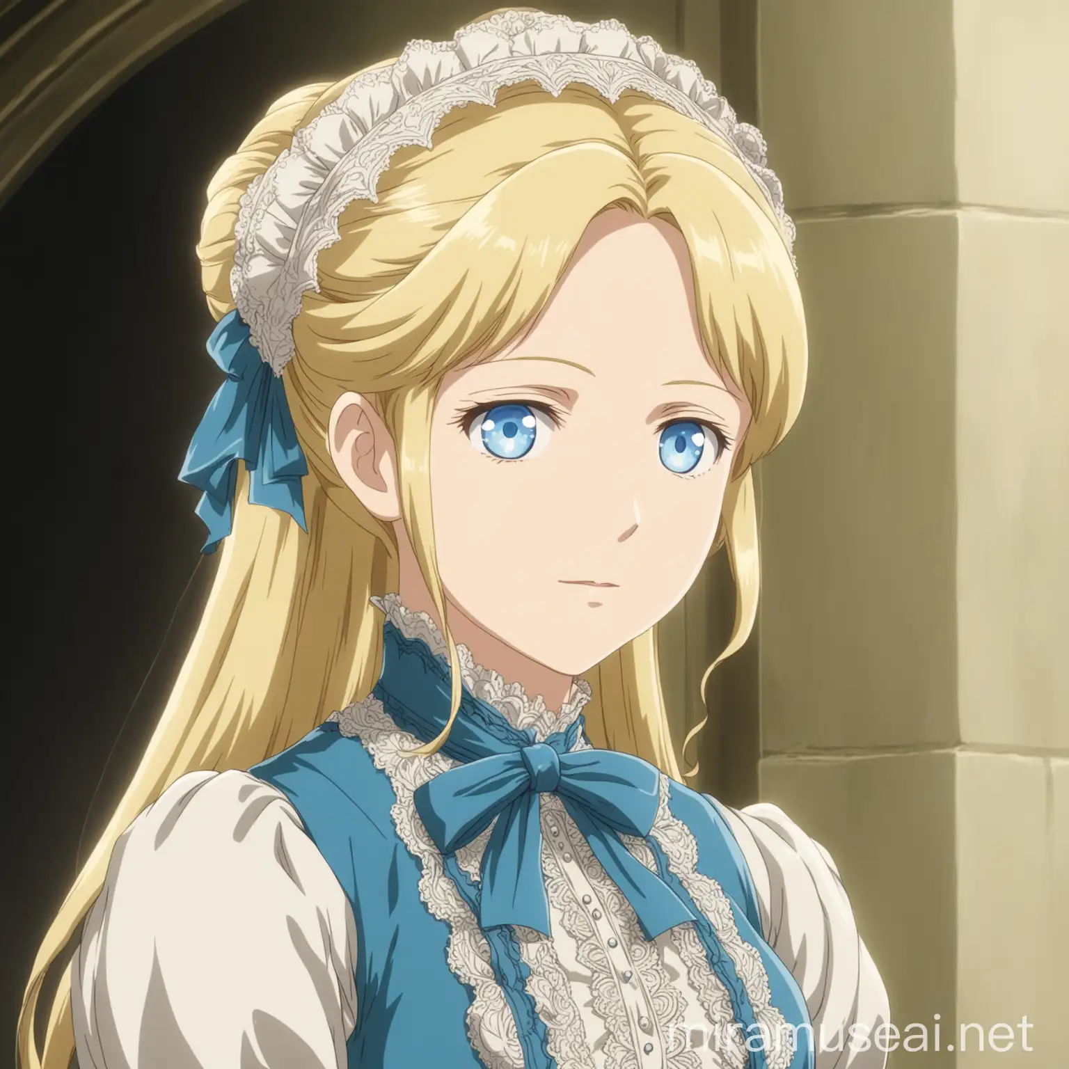 a blonde woman with blue eyes, she wears victorian clothes, She has a calm and optimistic look, in anime