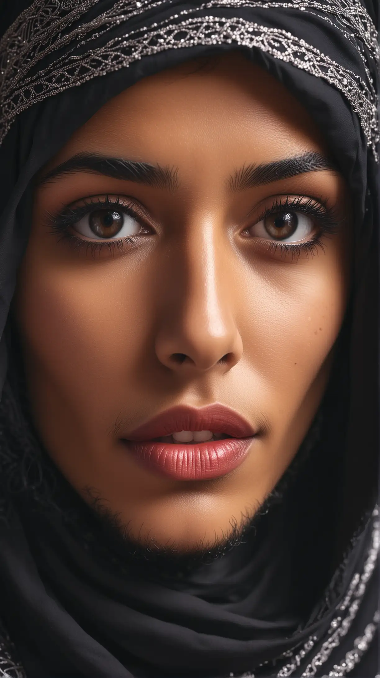 A bearded Tuareg from the Sahara desert in traditional clothing looks lovingly into the eyes of the charming and beautiful Instagram model Aitana Lopez, an ethnic Arab fashionista, an Arab woman in a high-contrast niqab, UHD 8k