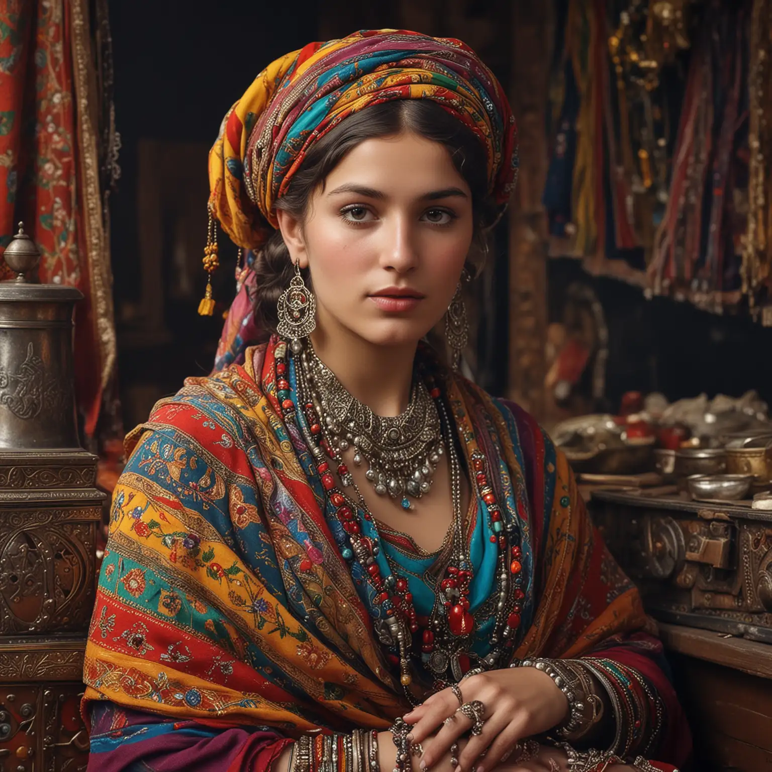 A realistic, beautiful photo of a pre-war gypsy woman, young and beautiful, shown from the waist up, dressed in a traditional, colorful outfit. On her head rests an ornate scarf, and the whole is complemented by numerous jewelry accessories. In the background is a traditional rolling stock cart, characteristic of the Roma culture. The stage exudes a wealth of culture and heritage, taking us back in time to days full of colour and tradition.