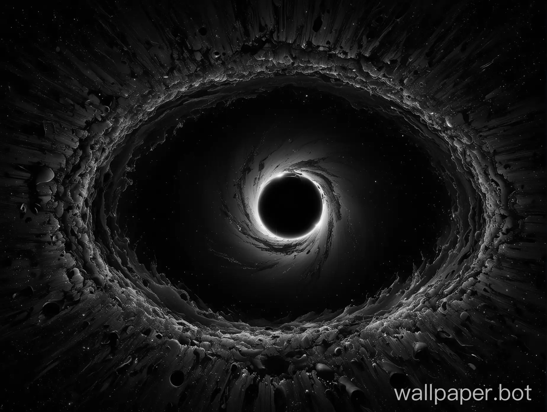 An incredibly detailed and high-resolution 4K wallpaper, showcasing a breathtaking view of a black hole. The background is a seamless, blank canvas of midnight-black, with only a hint of light peeking through from the edges. The black hole itself is the centerpiece of the image, its massive, swirling vortex of pure darkness contrasting sharply against the otherwise empty expanse of space. The photo is expertly composed, capturing the epic scale and awe-inspiring beauty of this cosmic phenomenon. The lighting is subtle, adding depth and dimension to the image, as if the viewer is peering into the depths of the universe itself. The colors are kept to a minimum, with a little bit of brightness added to accentuate the details of the black hole, while maintaining the overall simple color palette of black and white. The image is perfectly framed, allowing the viewer to lose themselves in the endless abyss of the black hole, feeling both small and insignificant, yet also connected to something much greater than themselves.