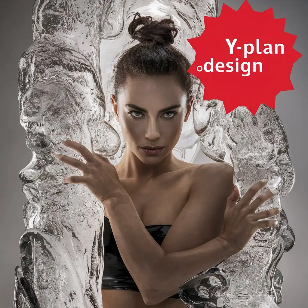 A clear, full-length glass sculpture with an ice-like body, depicting a beautiful woman with tied up hair looking into the camera. She has a big red "Y-Plan.Design" sticker on her body. Realistic. --chaos 20 --ar 3:4 --stylize 990