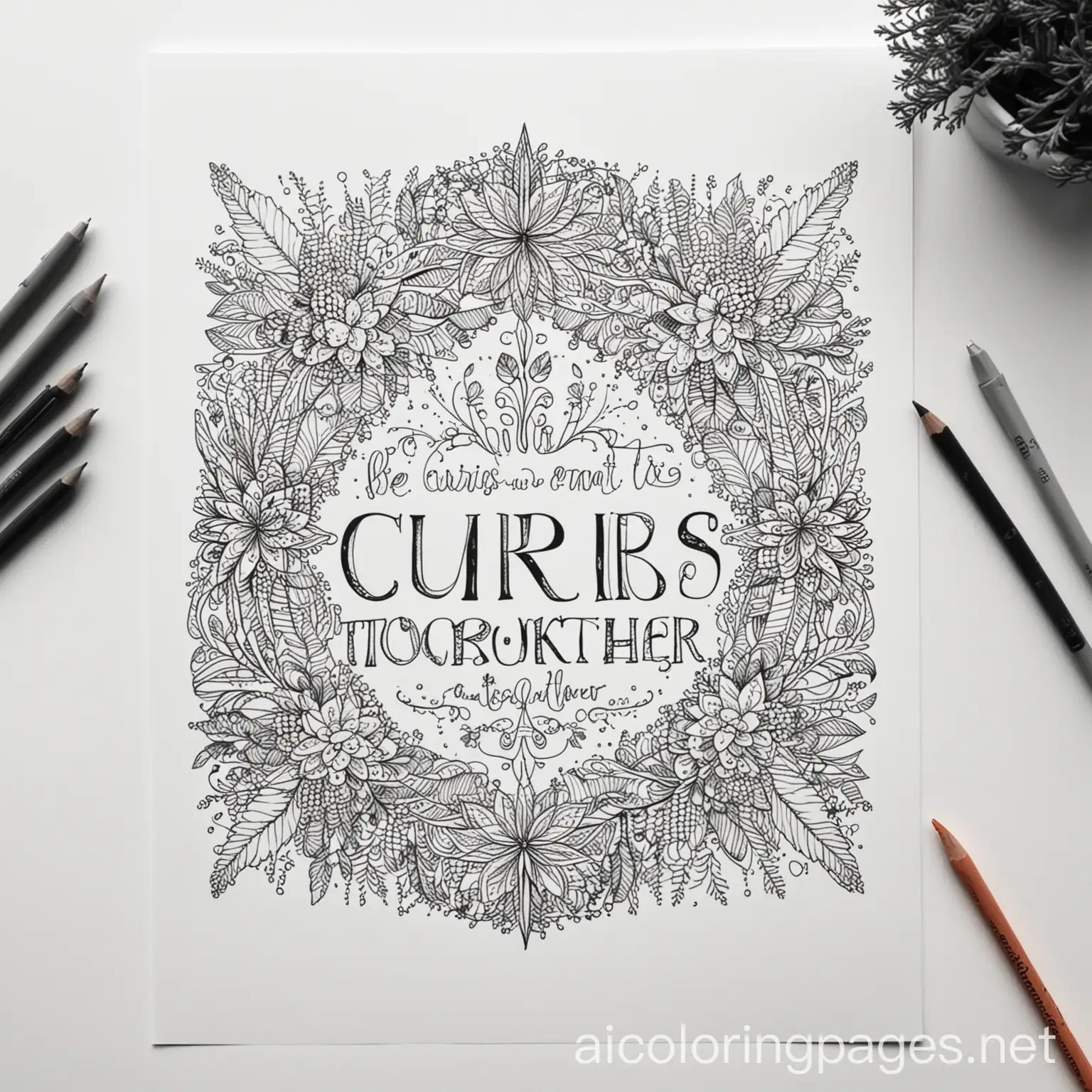 be curious and thrive together, Coloring Page, black and white, line art, white background, Simplicity, Ample White Space