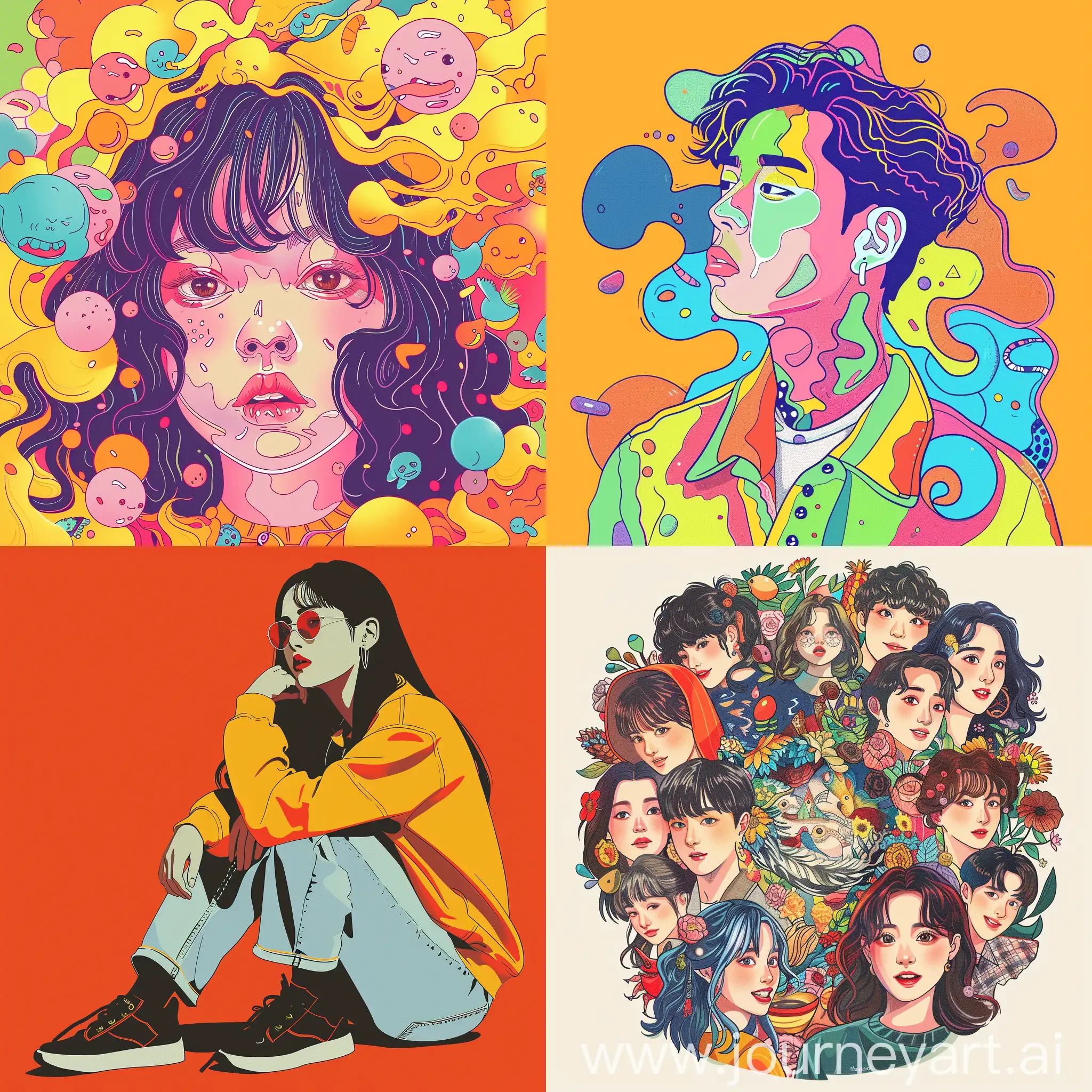 graphic vector artwork, vivid color, bright tone, using comic-shaped illustrations, based on current south-korean vibe, representing young and fun mood