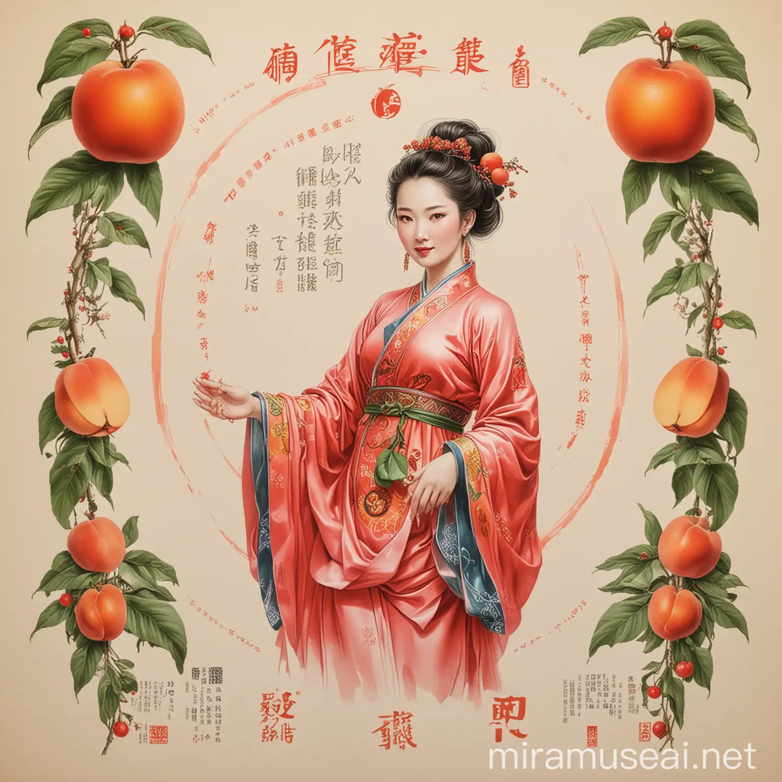 美承东方，光蕴无界 ，至美东西，毛戈平品牌的平面海报，其中包含石榴花神的手绘稿，以及毛戈平的品牌logo和产品图片