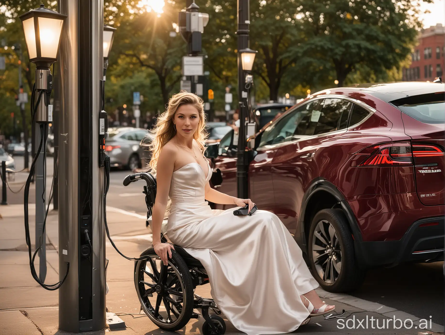 a stunning, beautiful woman sitting in a motorized wheelchair plugs an EV charging cable into a sleek, streetlamp-mounted charging station. Although she is sitting, her formal gala dress looks beautiful and put together. sunset, new york city. bokeh, gorgeous professional candid photography. Her handicap-accessable Tesla is in the background.
