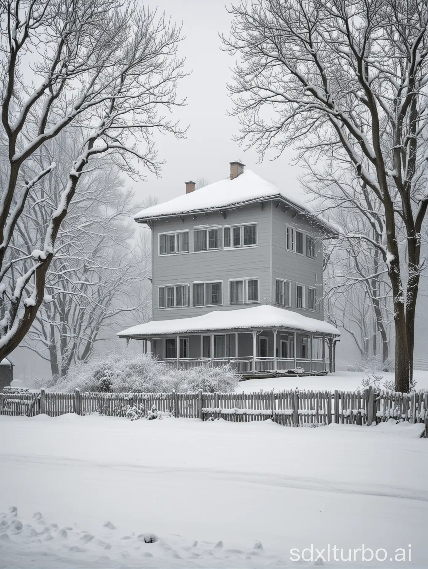 Dense scenery of a winter cold that rages with gray fog, depicts a subject in a 30 meter shot a beautiful model house typical of the region, covered in snow, local vegetation of trees behind the house, snowdrifts can be seen covering the vegetation in front of the house, a small fence in front of the house almost covered by the pile of snow, the road in front of the house also covered in snow, a leafless tree in the foreground highlights the local vegetation.  Dense and gray scenery, typical of heavy winter.