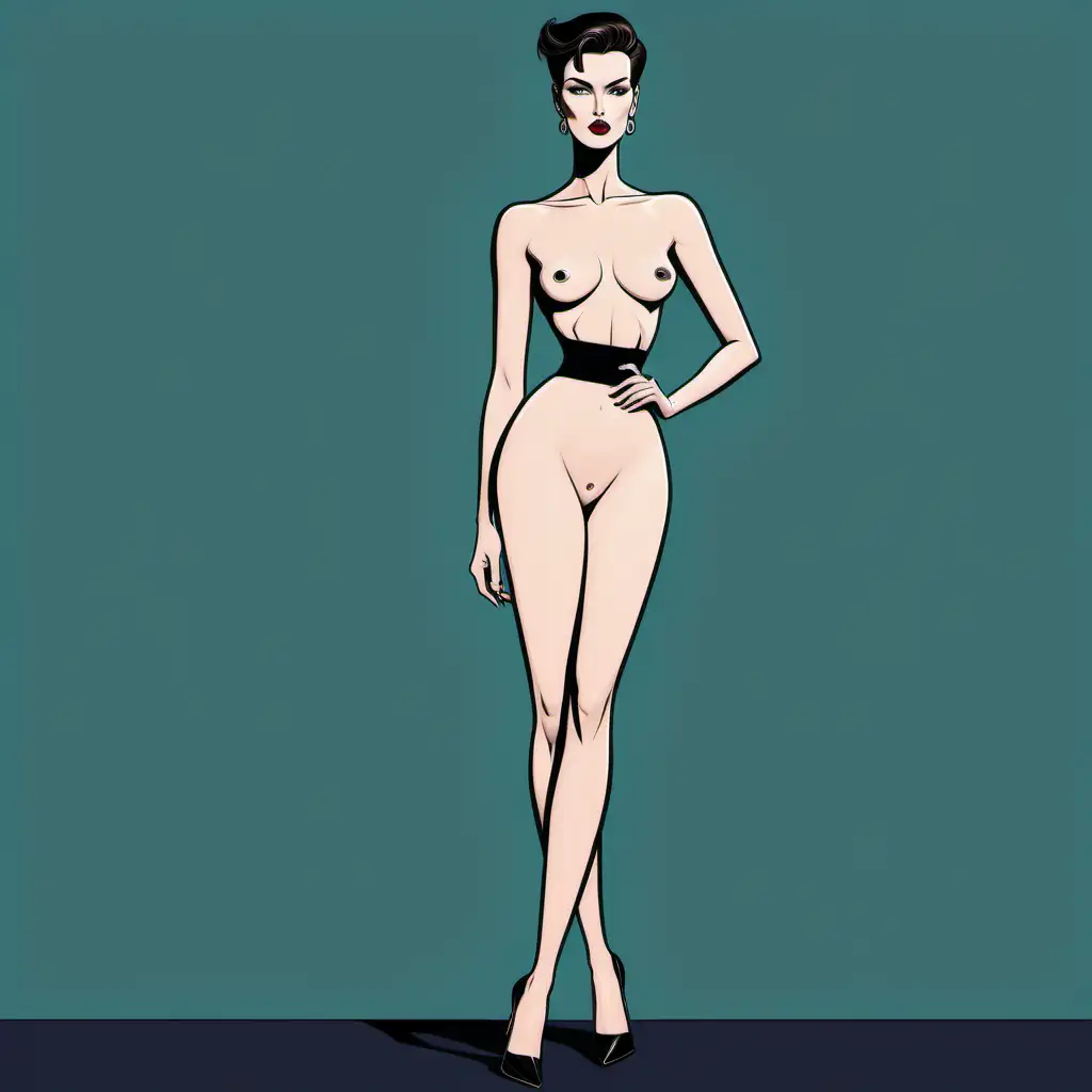 Frontal view, full body view, tall nude, long legs, wearing heels, curvy brunette (Caucasian) woman, crew cut with pompadour, dark eyes, in style of Patrick Nagel illustration 