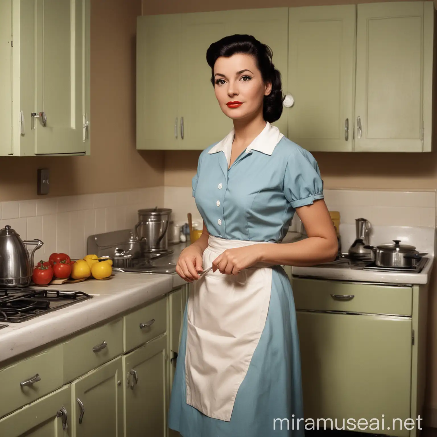 1950s Style Housewife Standing in Kitchen with Dark Hair