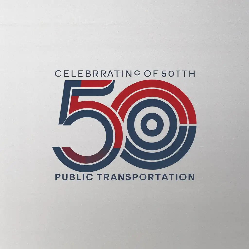 a logo design,with the text "public transportation 50th anniversary", main symbol:number50, carwheel element, red color, blue color, gold color,Minimalistic,be used in Automotive industry,clear background