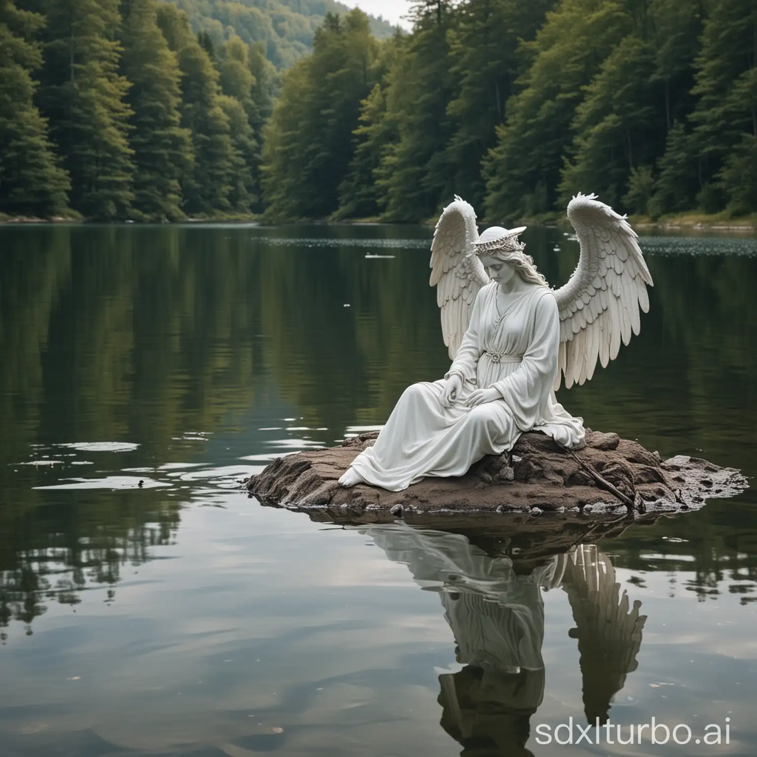 A white angel sits next to a devil on a lake