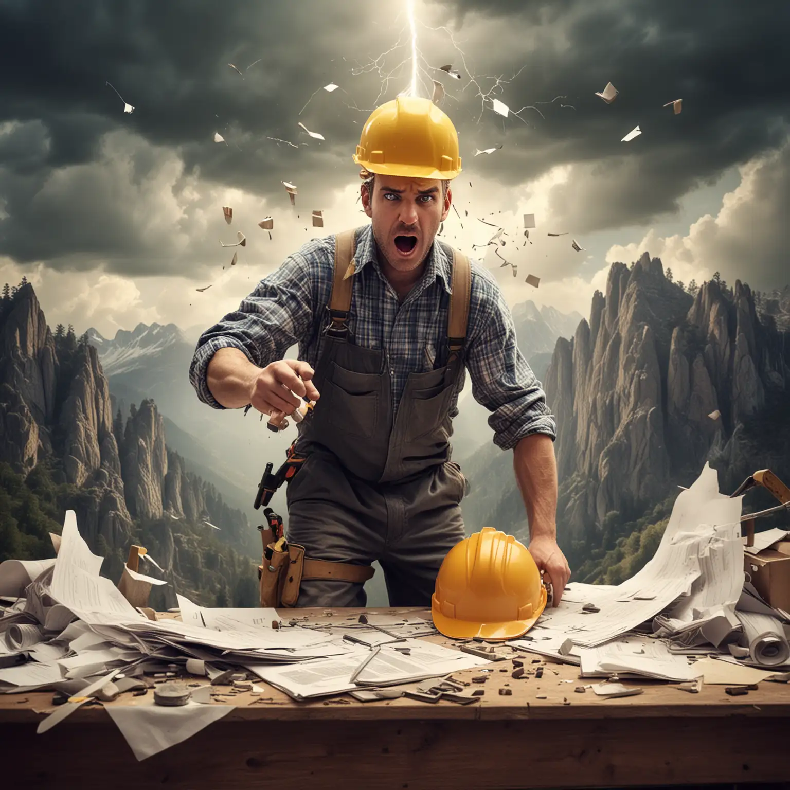 Busy Builder Juggling Tools and Paperwork in Comical Chaos