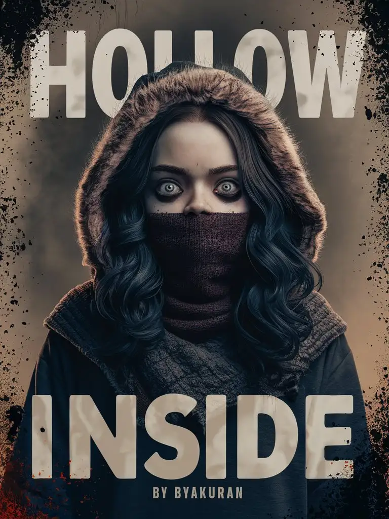 photorealistic, female eleven, fur-lined hoodie, full body, stranger things, snood-mouth-covering-shawl, horror
the following describes the caption with oil and ash flaking around it
large letters:"Hollow Inside"
smaller: "By Byakuran"