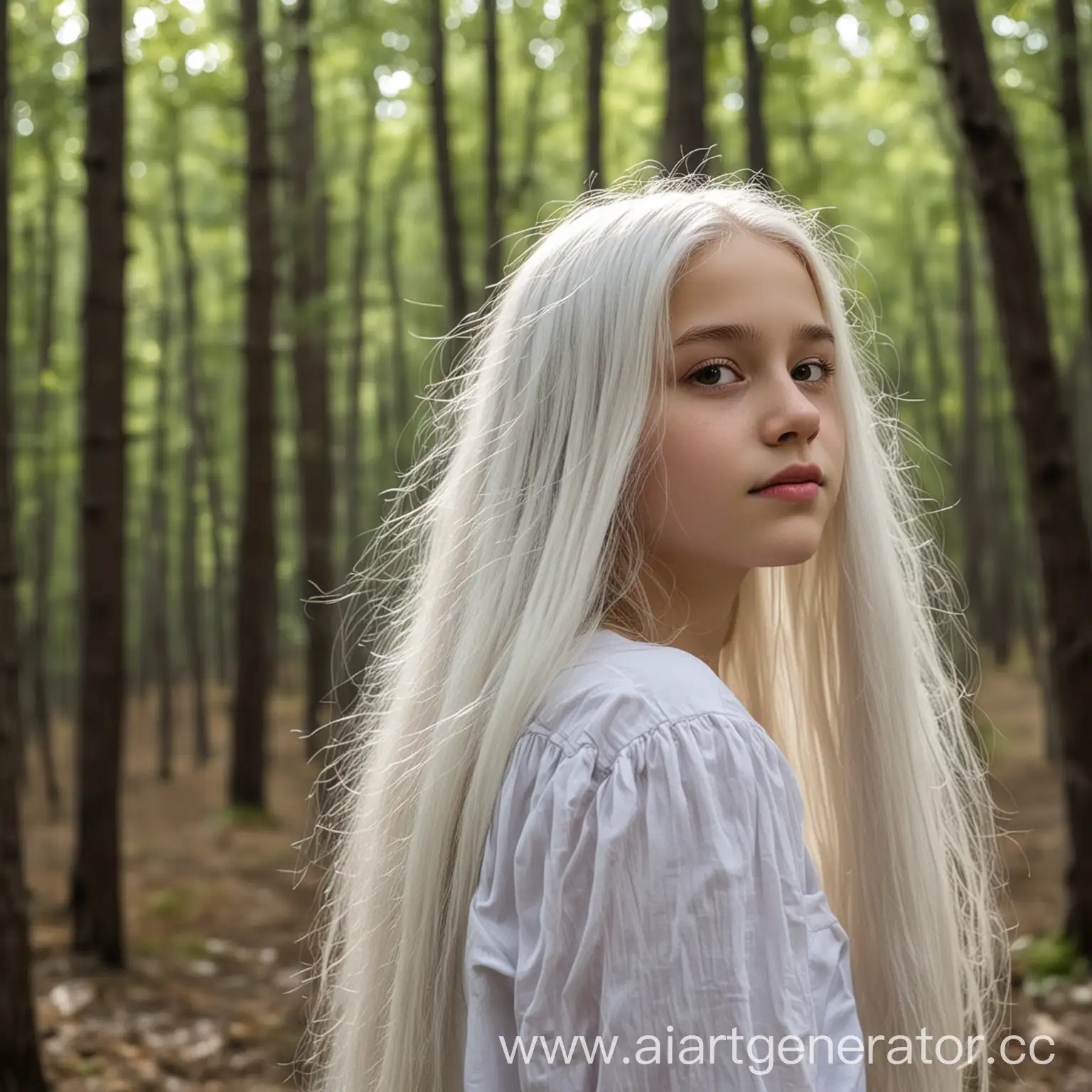 девушка 14 лет с длинными белыми волосами в лесу 
